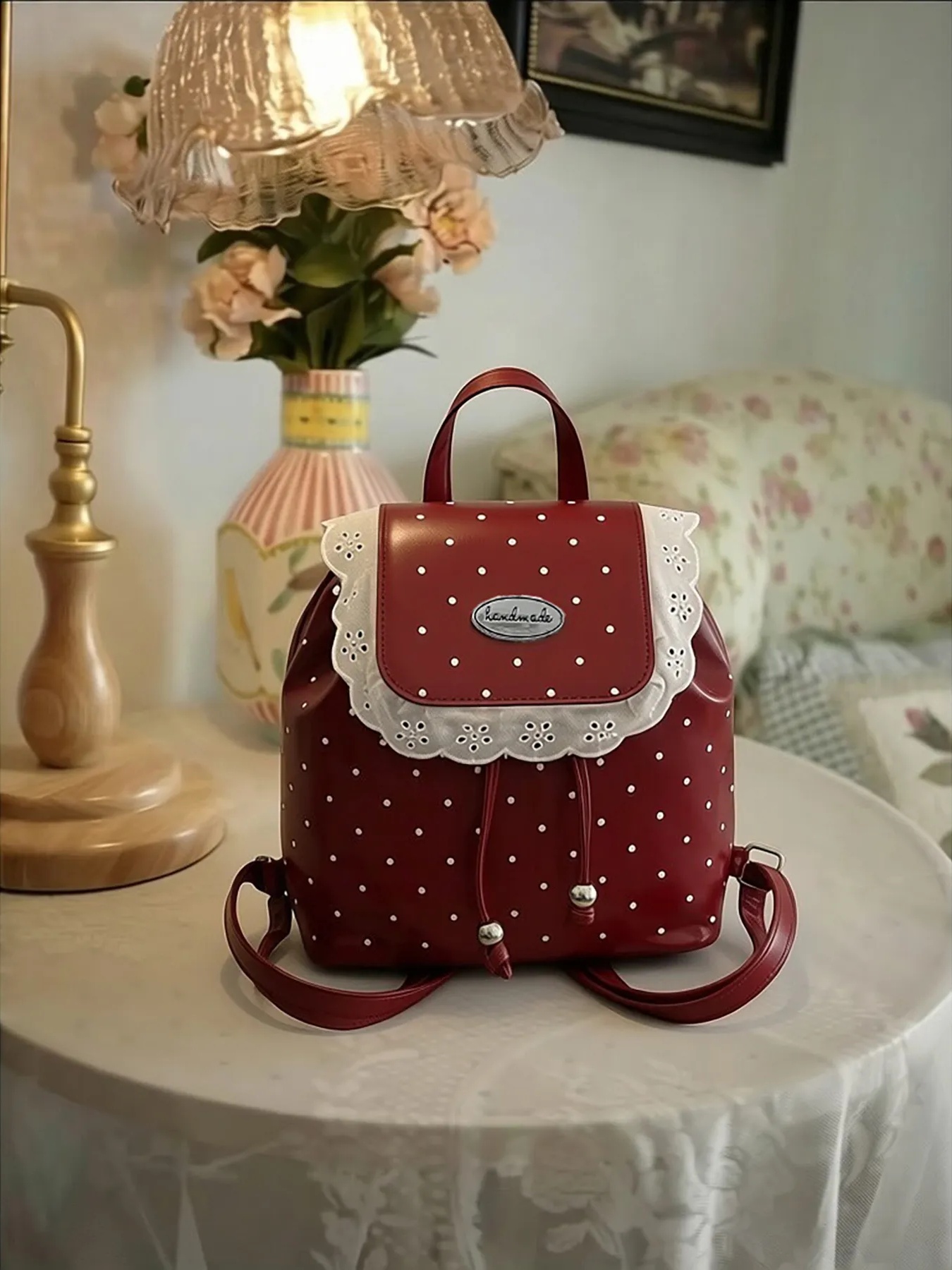 Red Polka Dot Mini Backpack with Lace Trim