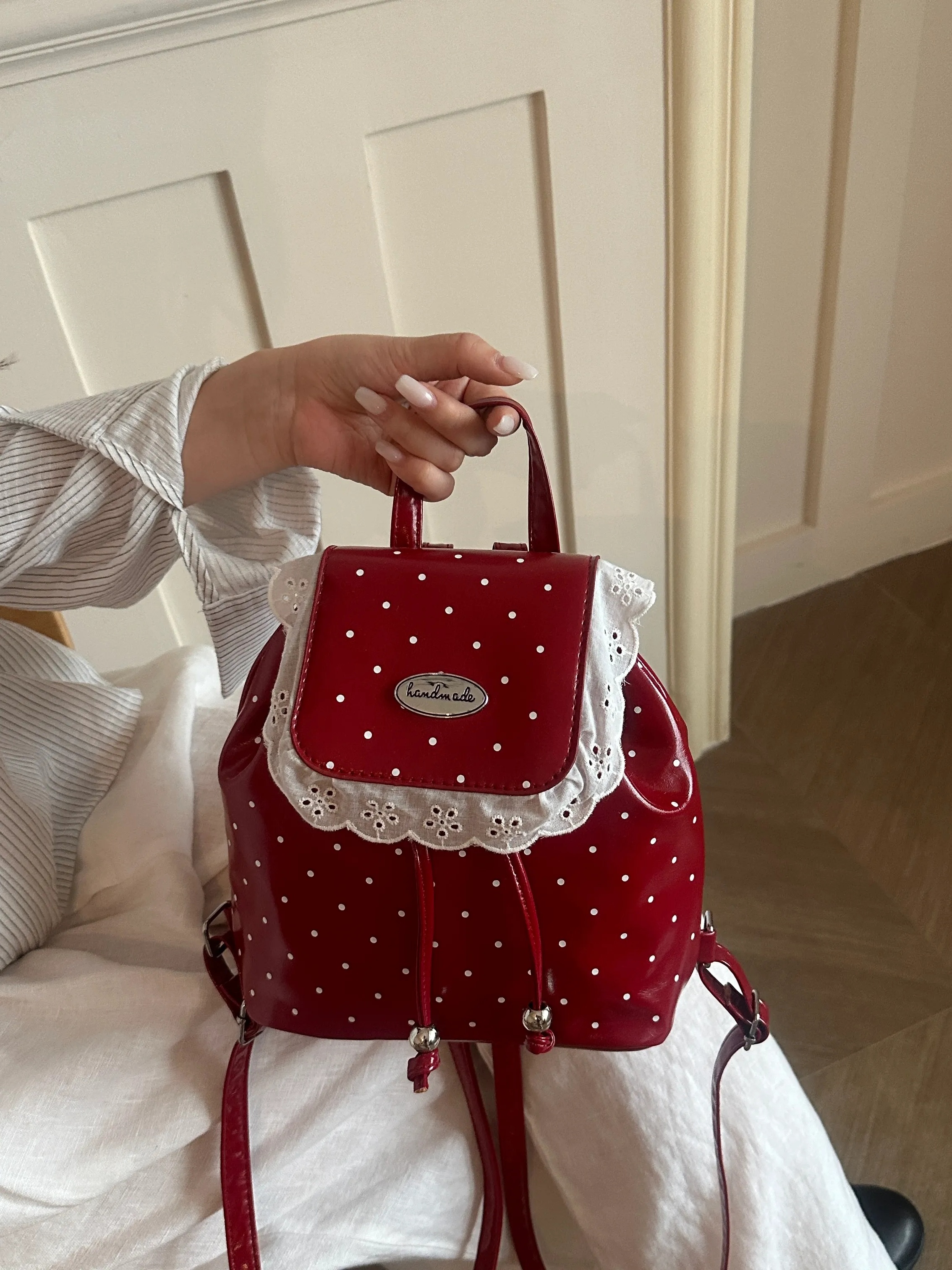 Red Polka Dot Mini Backpack with Lace Trim