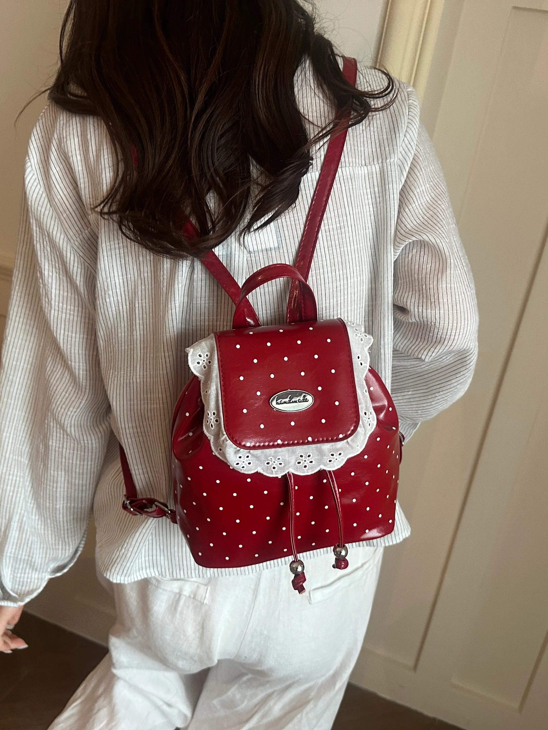 Red Polka Dot Mini Backpack with Lace Trim