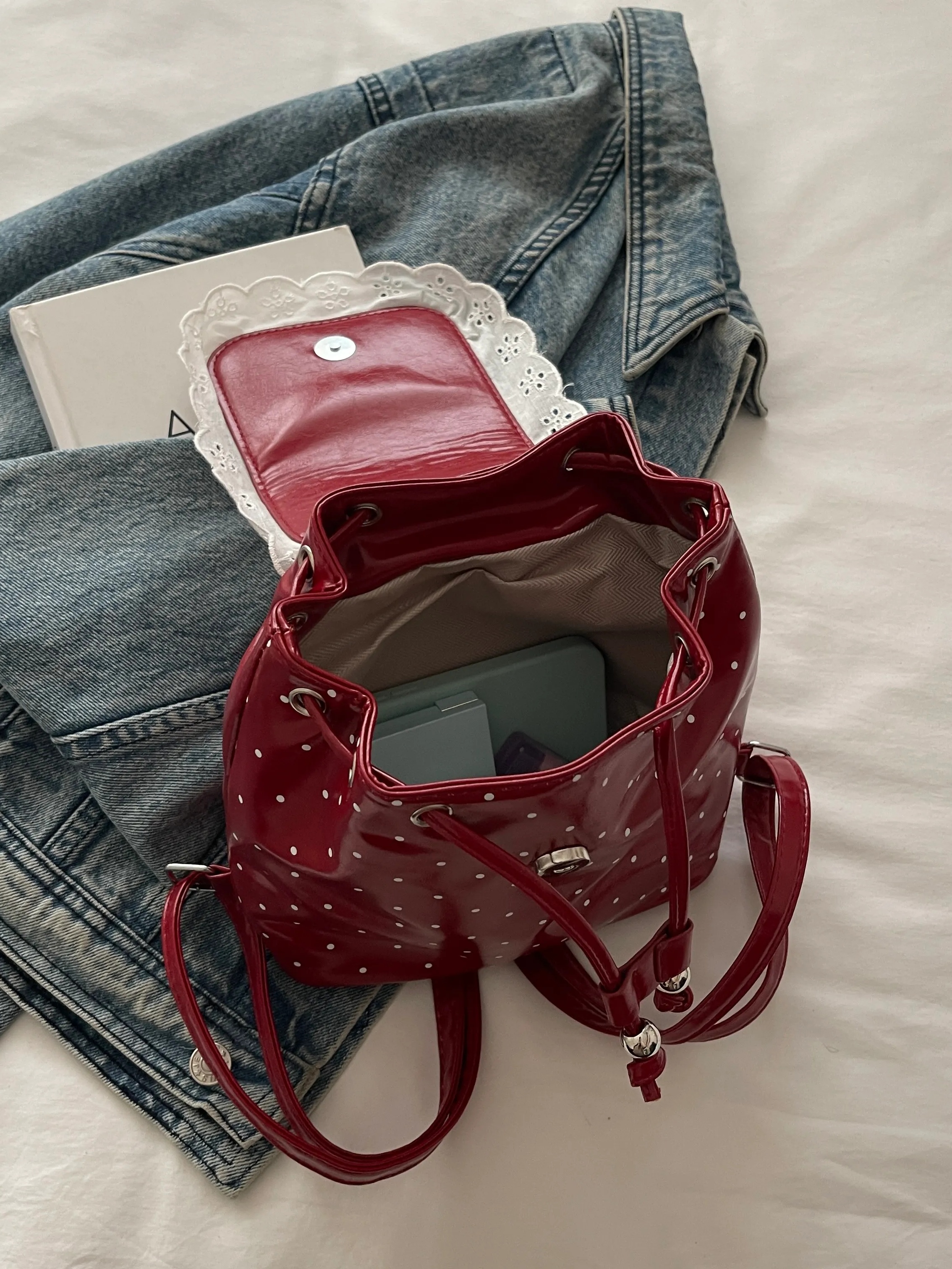Red Polka Dot Mini Backpack with Lace Trim