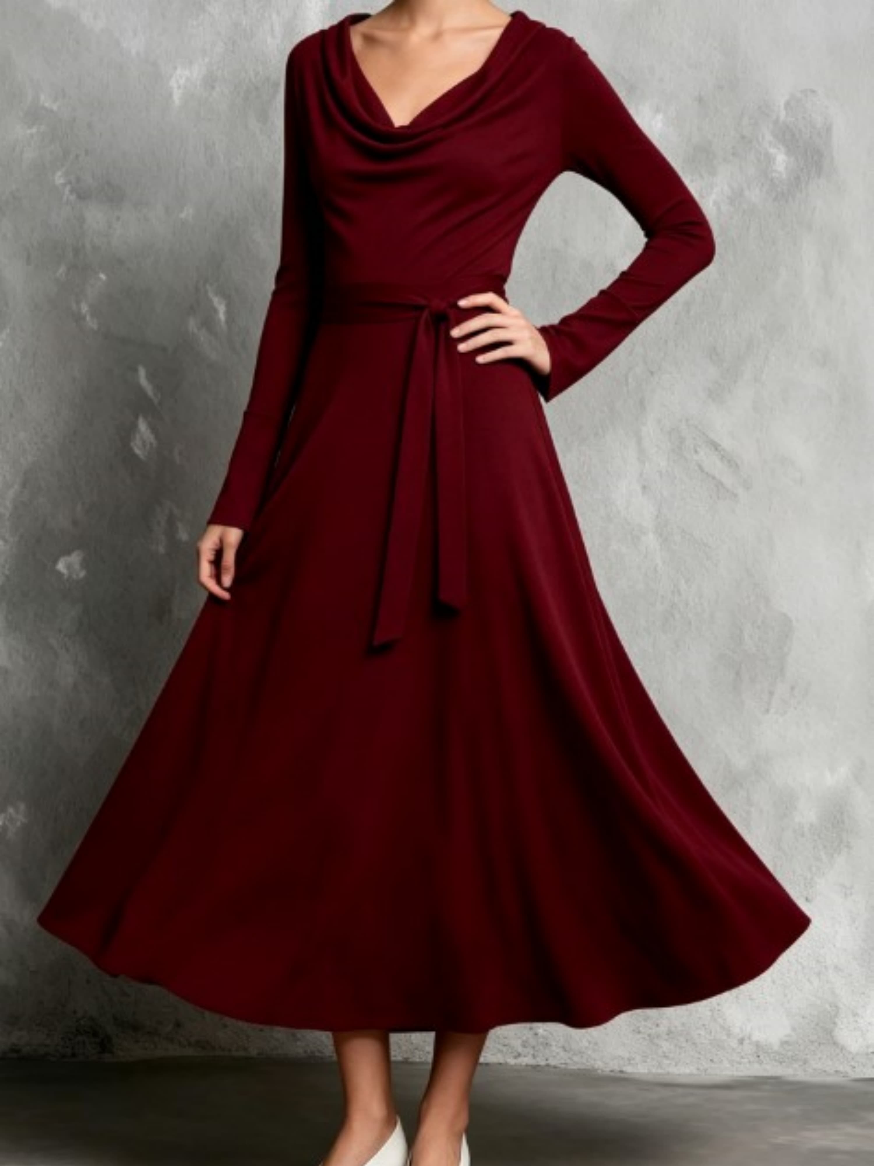 Burgundy A-Line Midi Dress with Cowl Neck and Long Sleeves