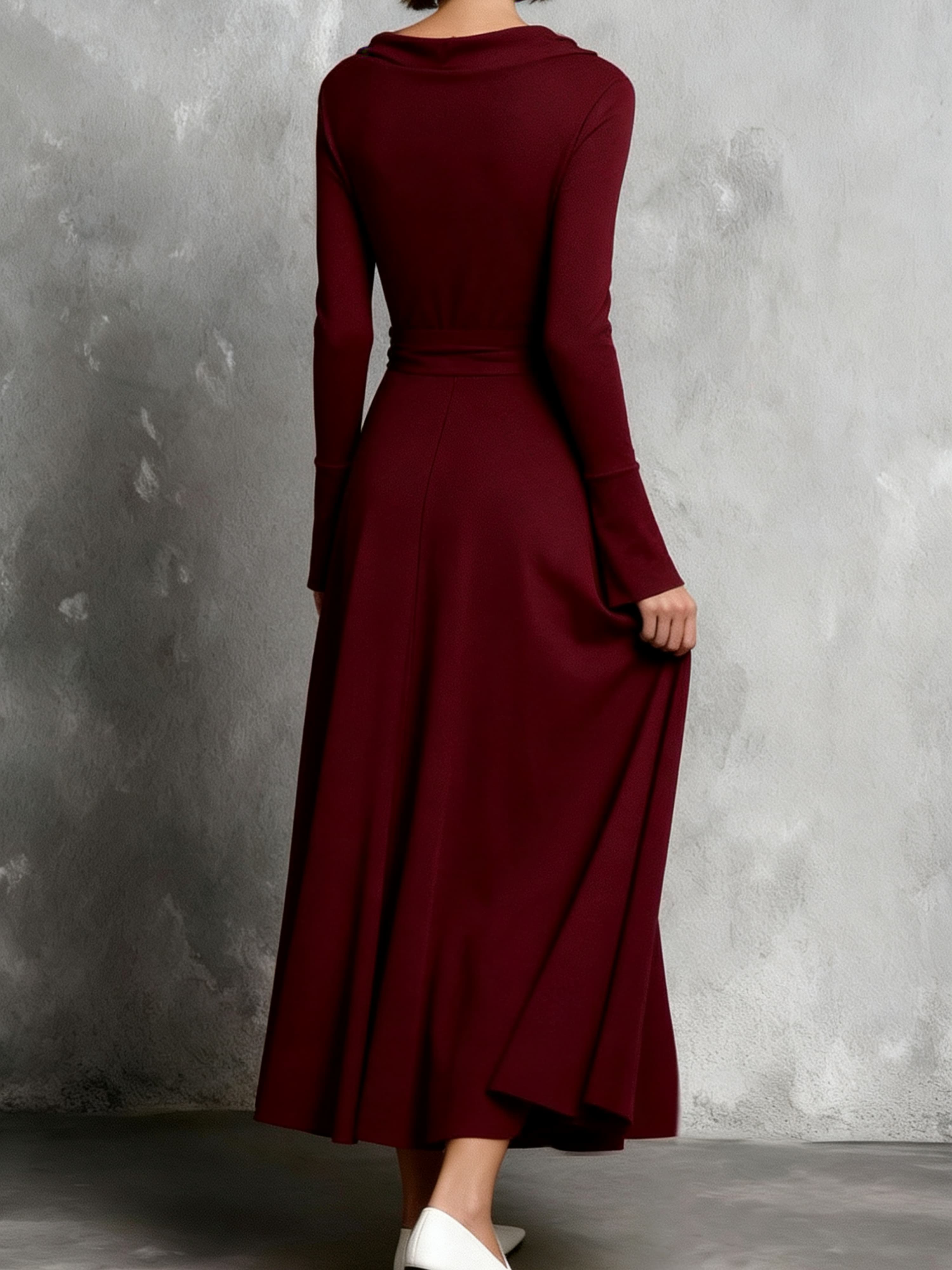 Burgundy A-Line Midi Dress with Cowl Neck and Long Sleeves