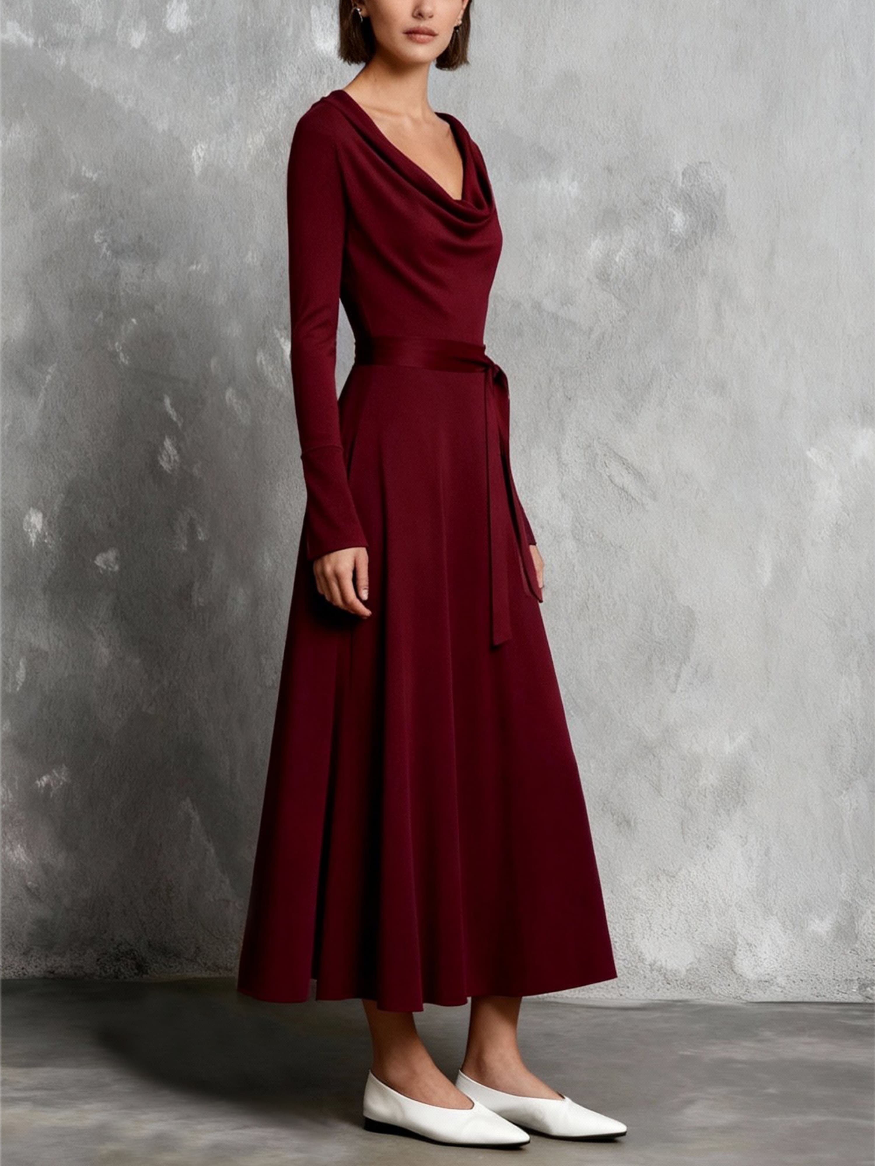 Burgundy A-Line Midi Dress with Cowl Neck and Long Sleeves