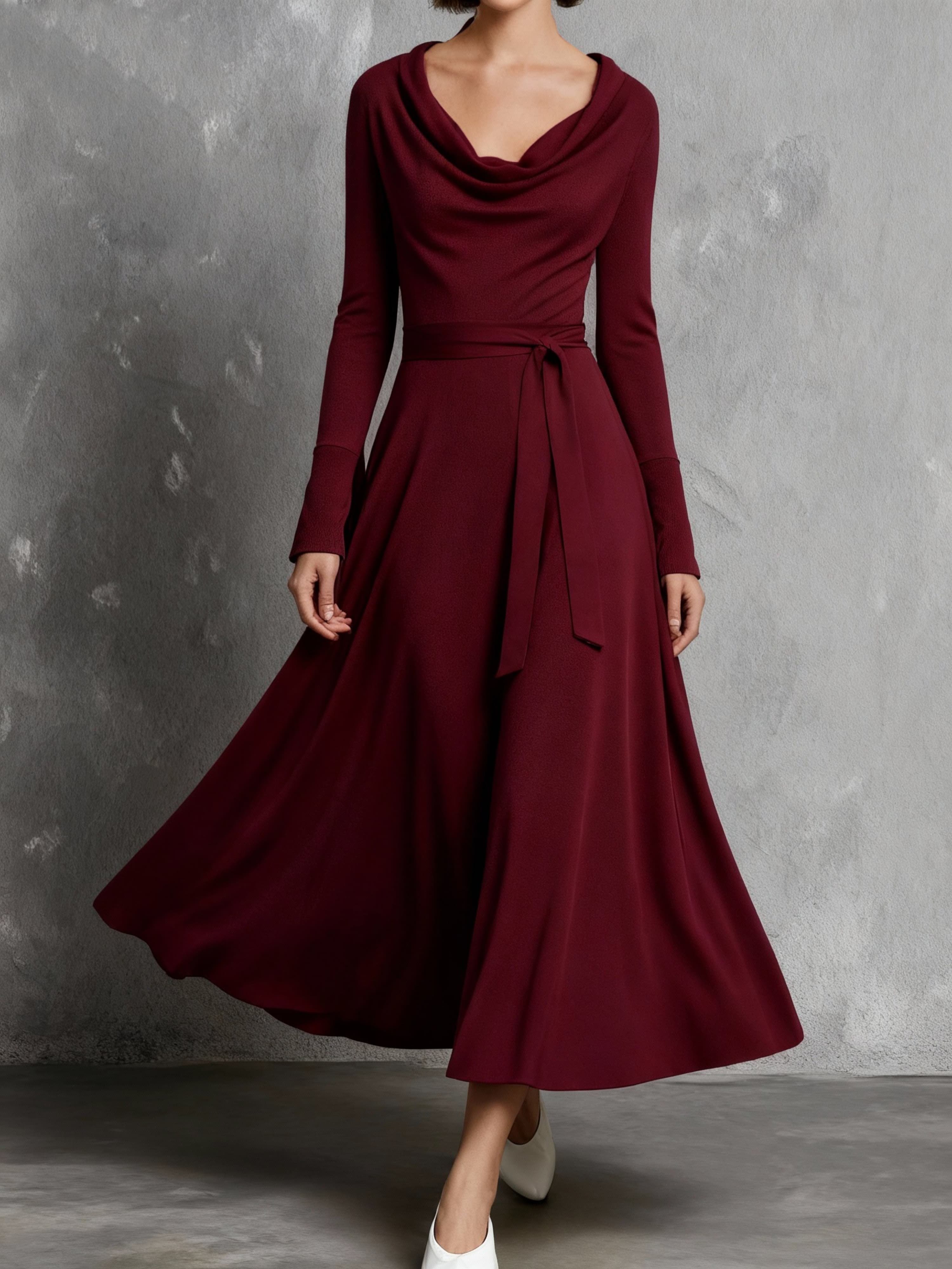 Burgundy A-Line Midi Dress with Cowl Neck and Long Sleeves