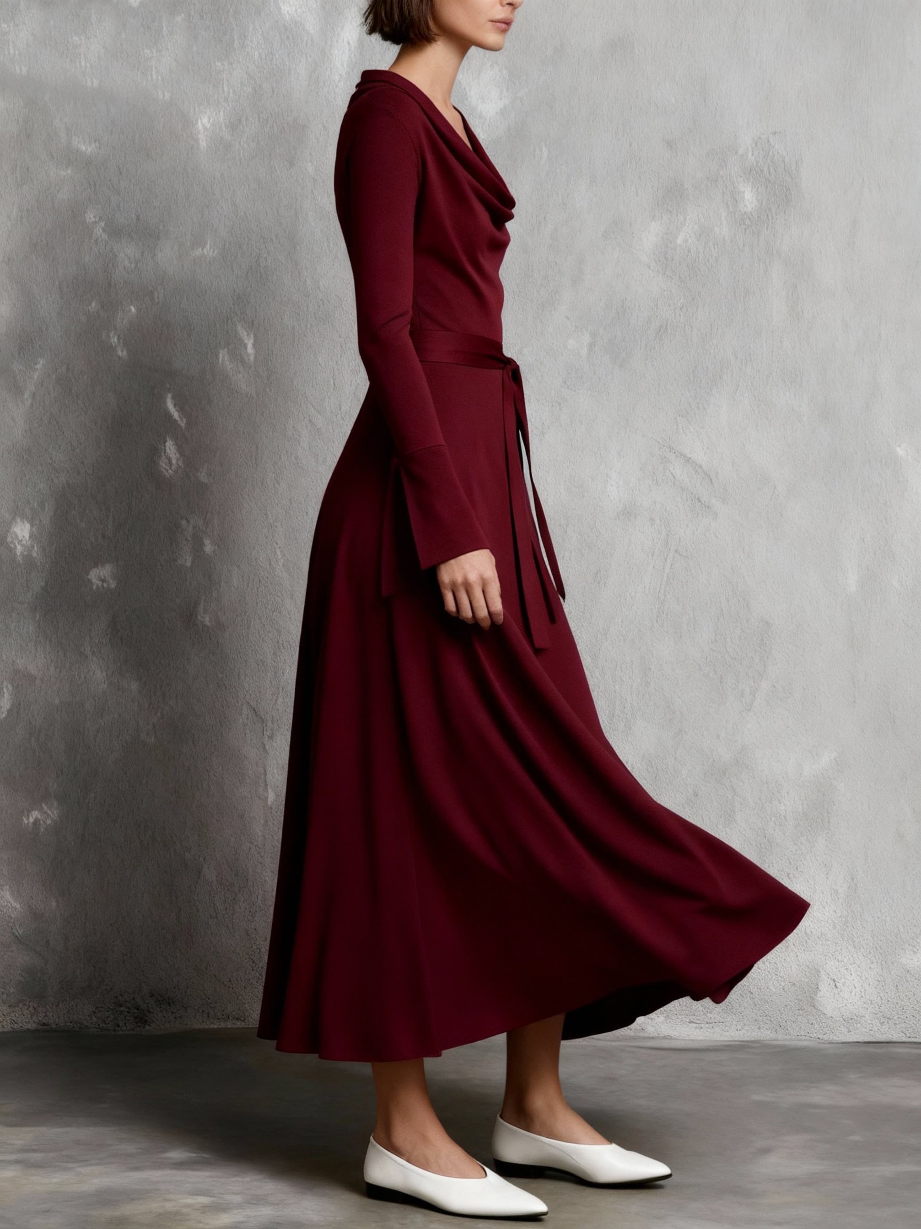 Burgundy A-Line Midi Dress with Cowl Neck and Long Sleeves