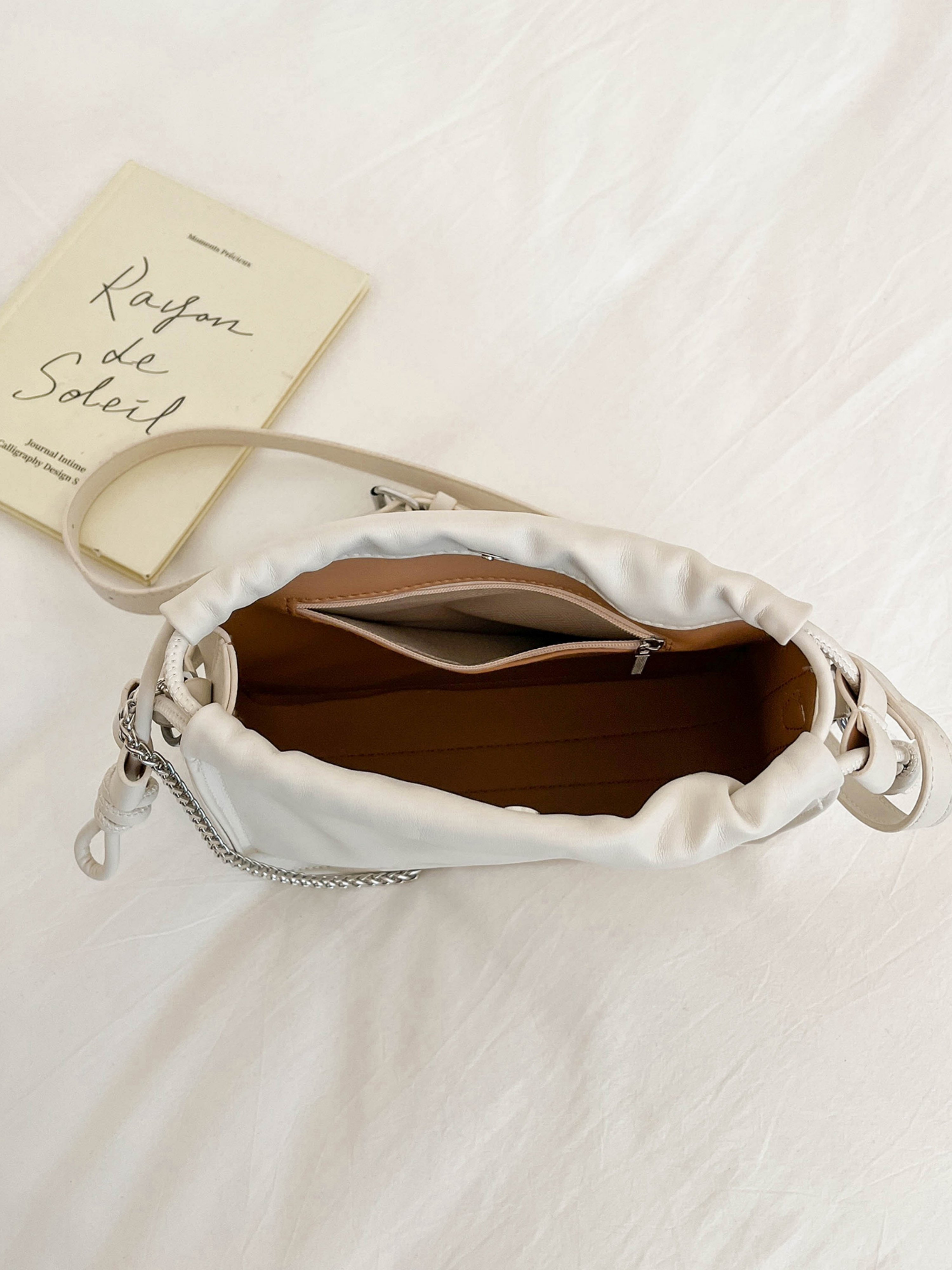White Solid Crossbody Bag with Zip