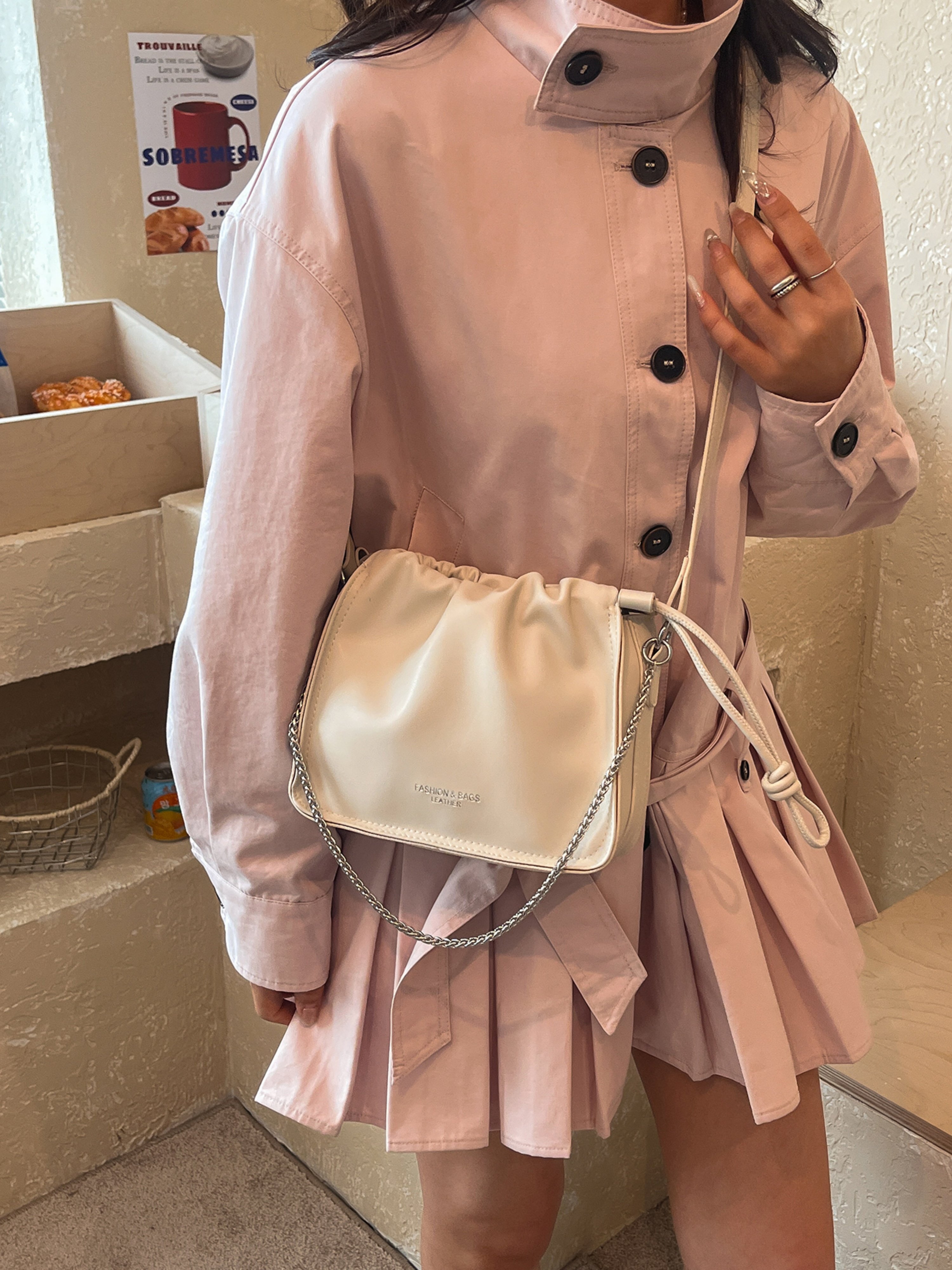 White Solid Crossbody Bag with Zip