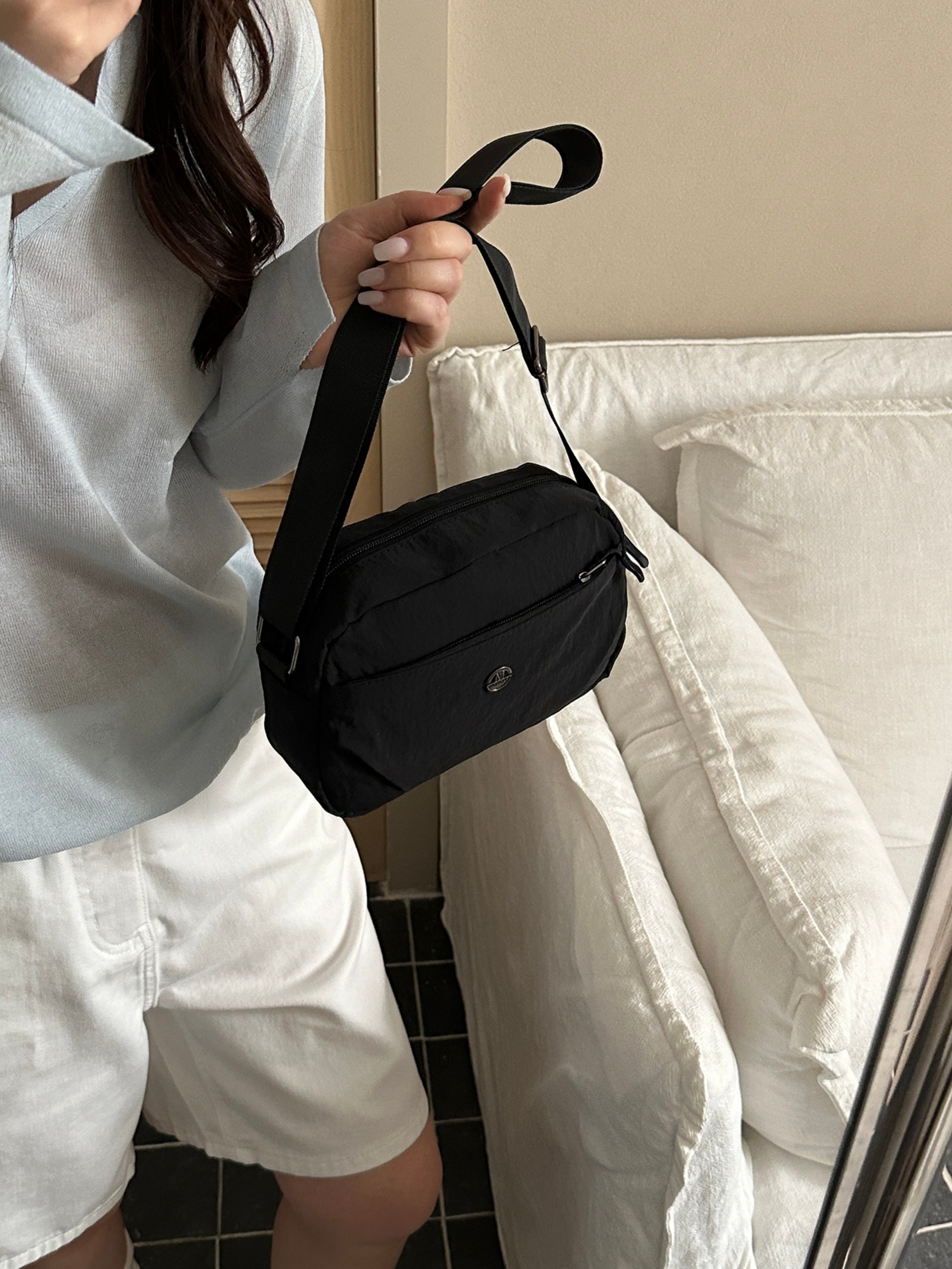 Black Solid Crossbody Bag with Zip