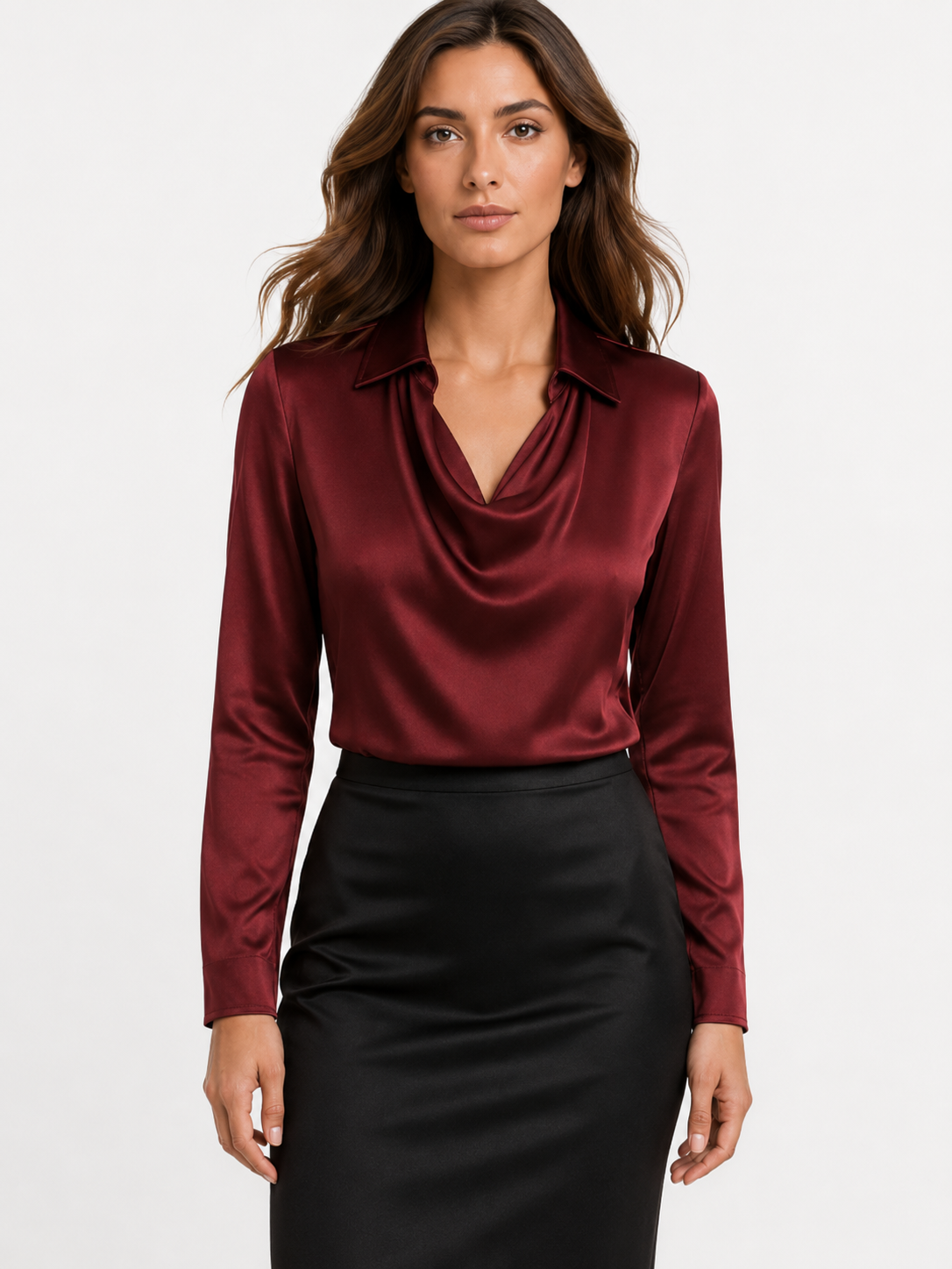 Maroon Satin Long Sleeve Blouse