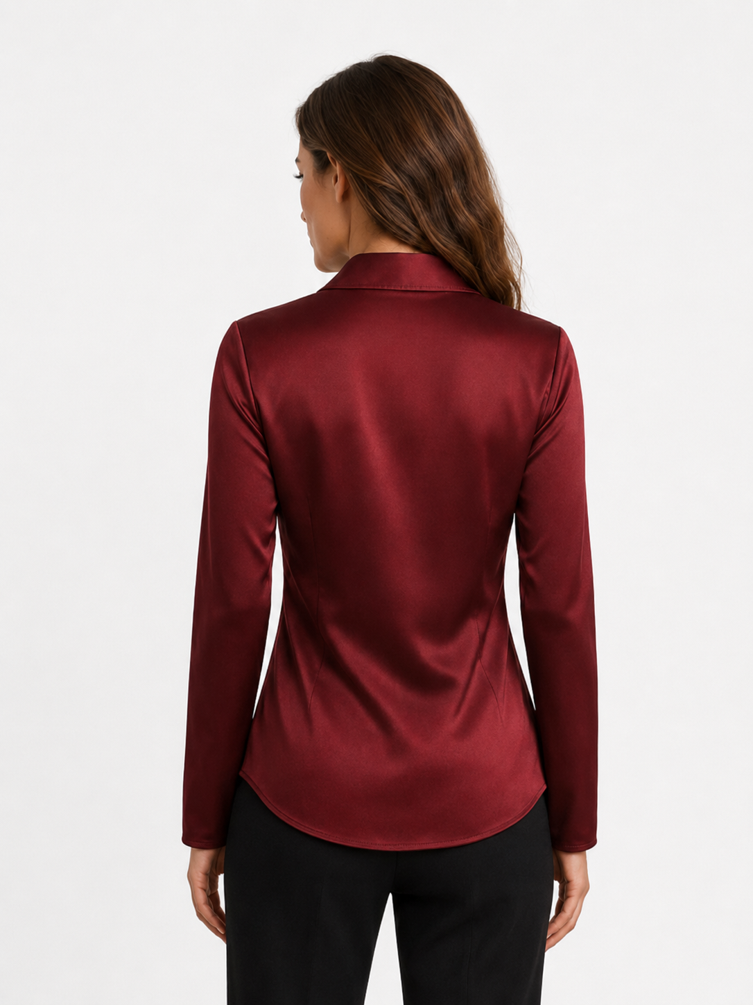 Maroon Satin Long Sleeve Blouse