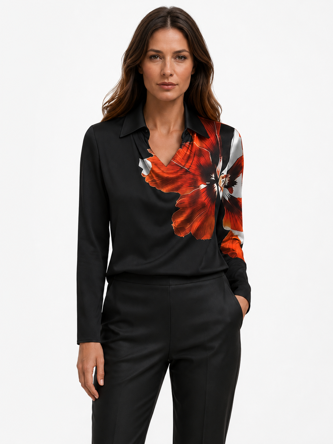 Black Long Sleeve Blouse with Floral Print