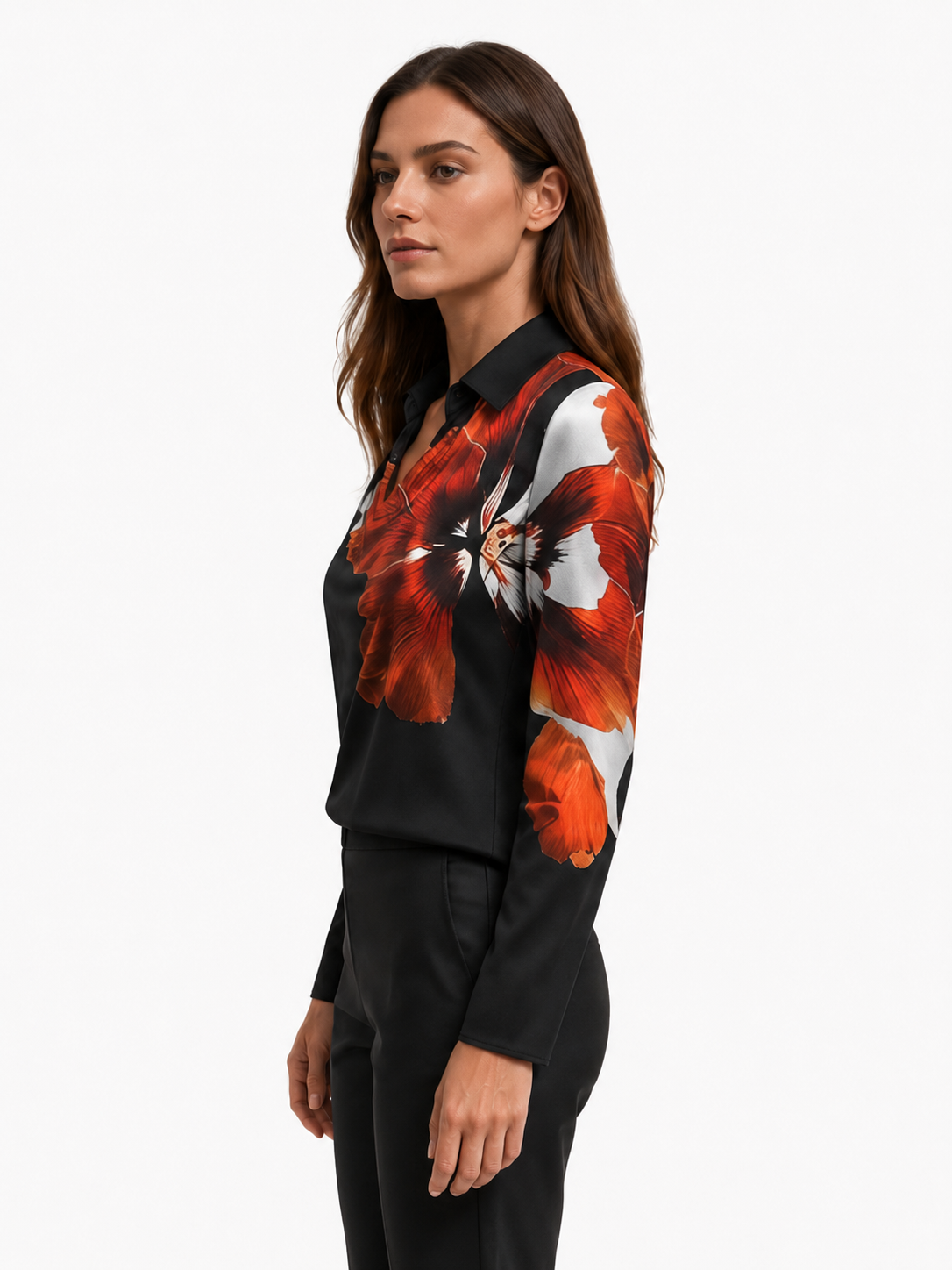 Black Long Sleeve Blouse with Floral Print