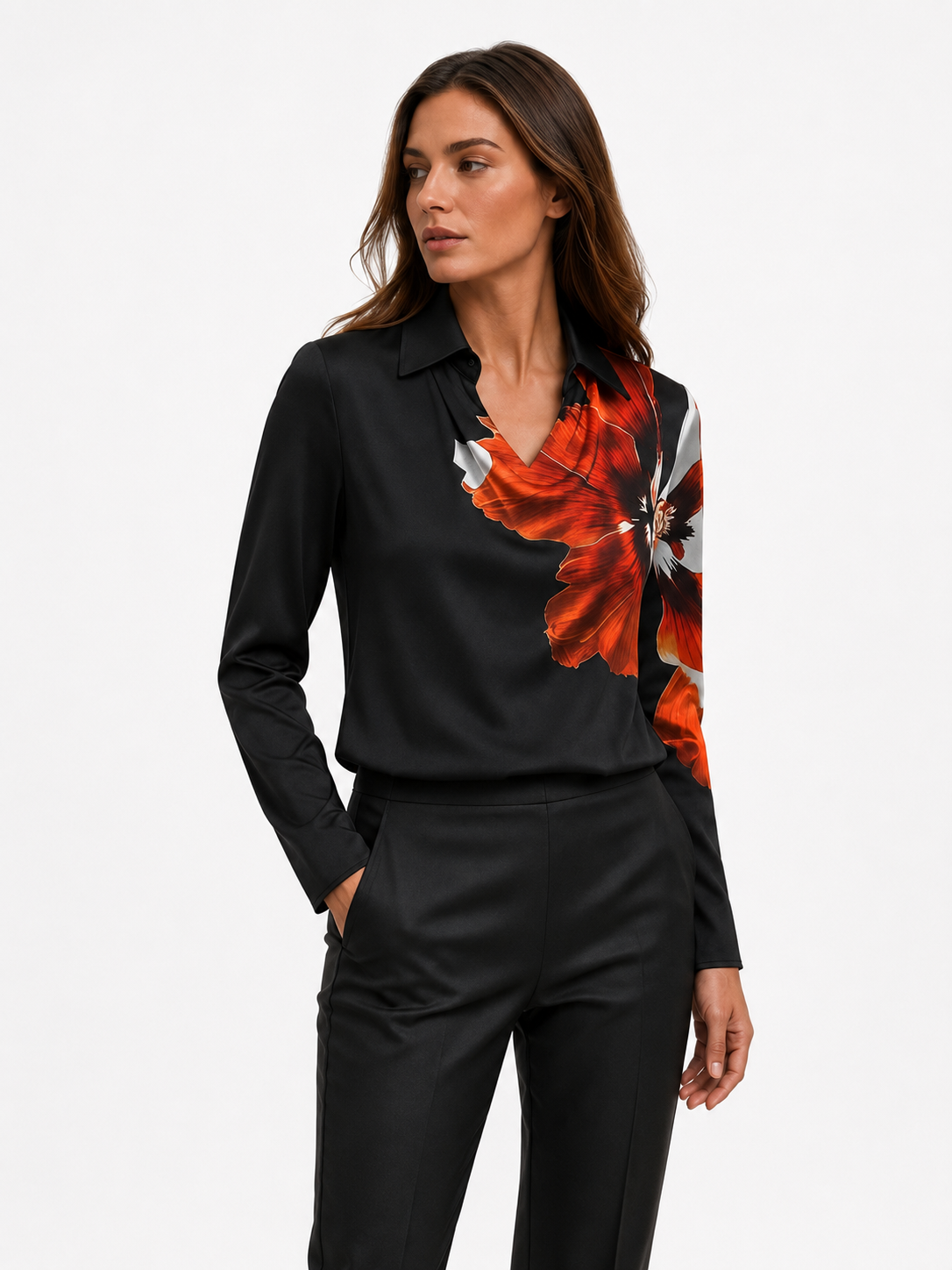 Black Long Sleeve Blouse with Floral Print