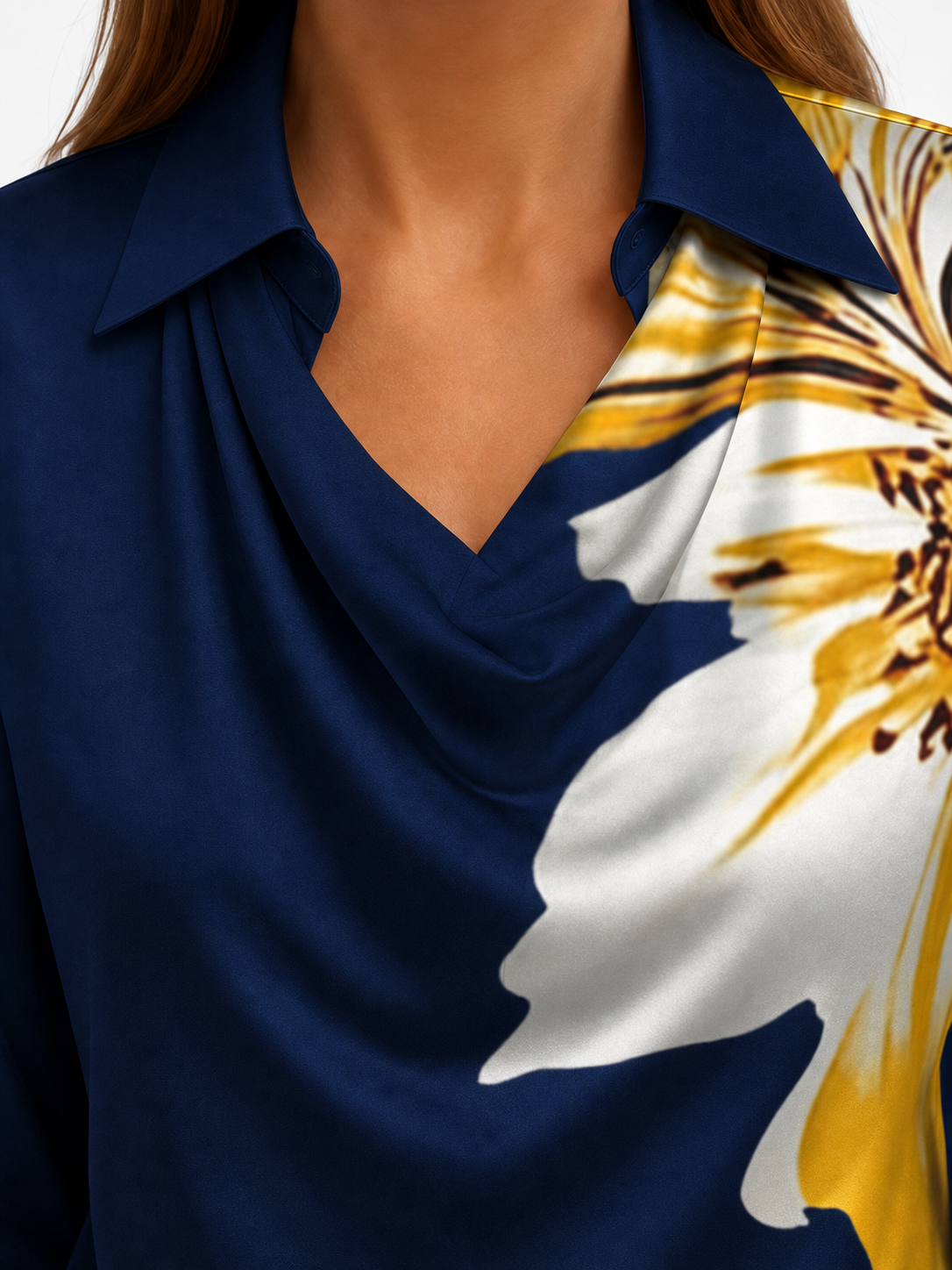 Dark Blue Long Sleeve Blouse with Floral Print