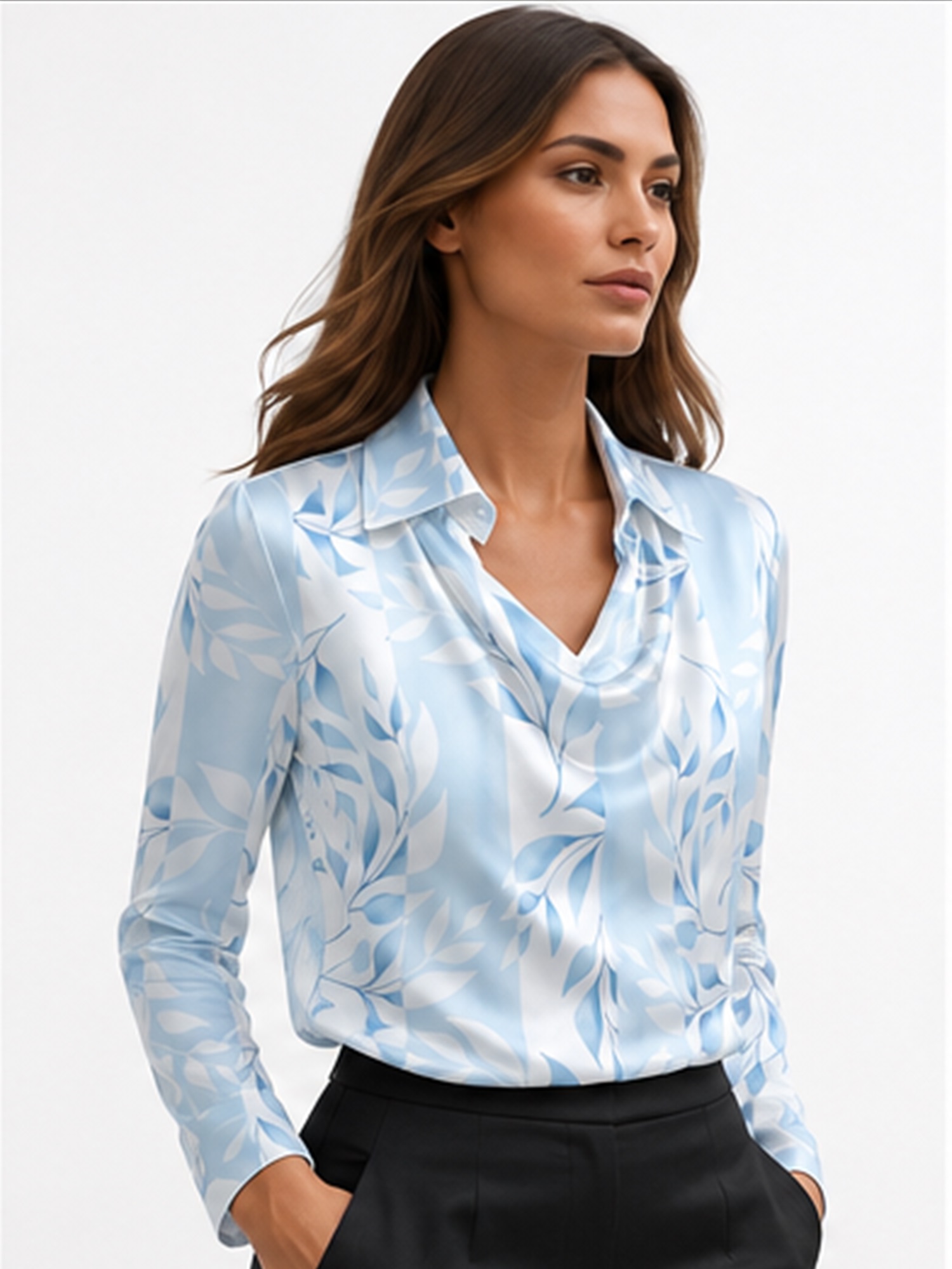 Light Blue Leaf Print Long Sleeve Blouse