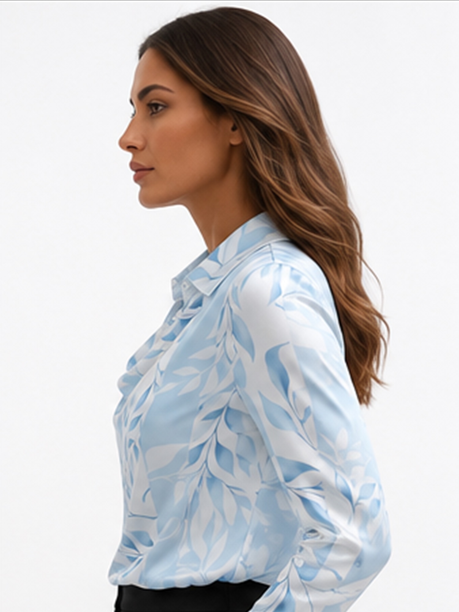 Light Blue Leaf Print Long Sleeve Blouse