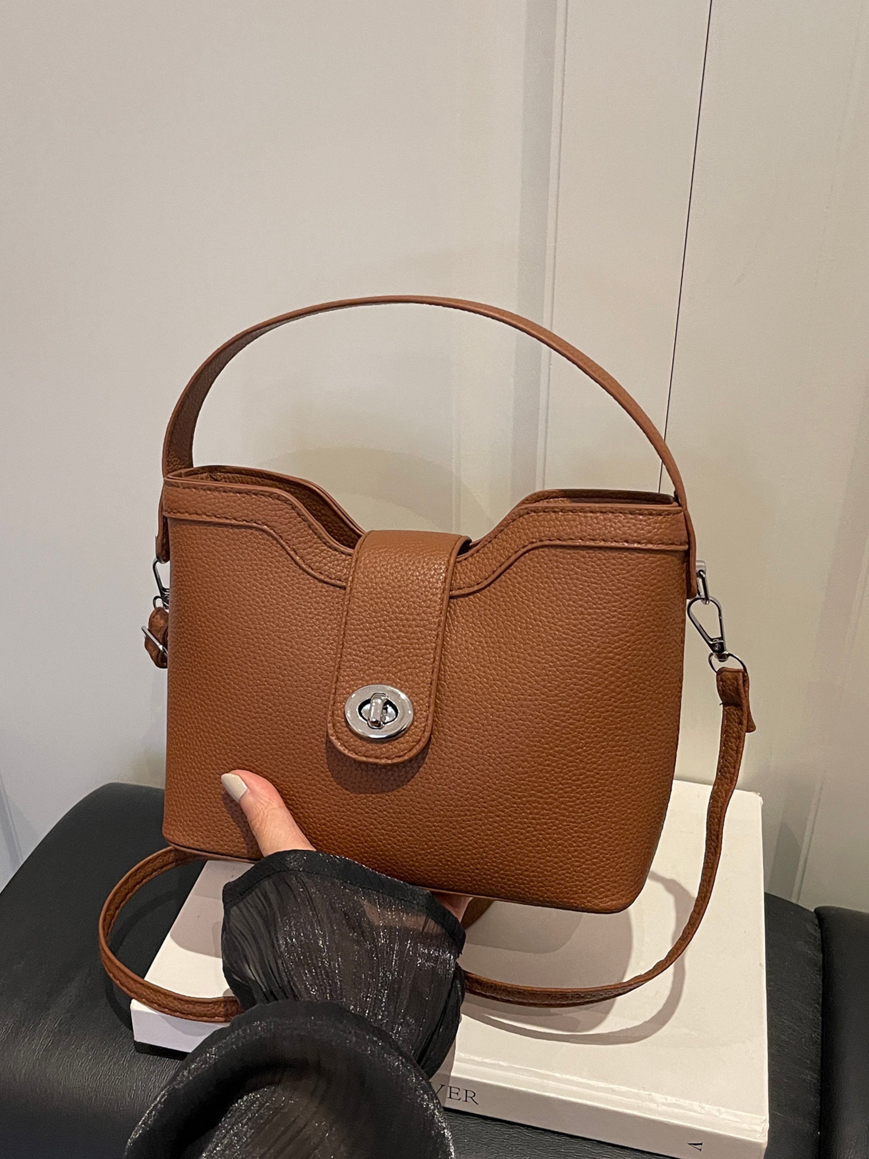 Brown Texture Handbag with Magnetic Closure