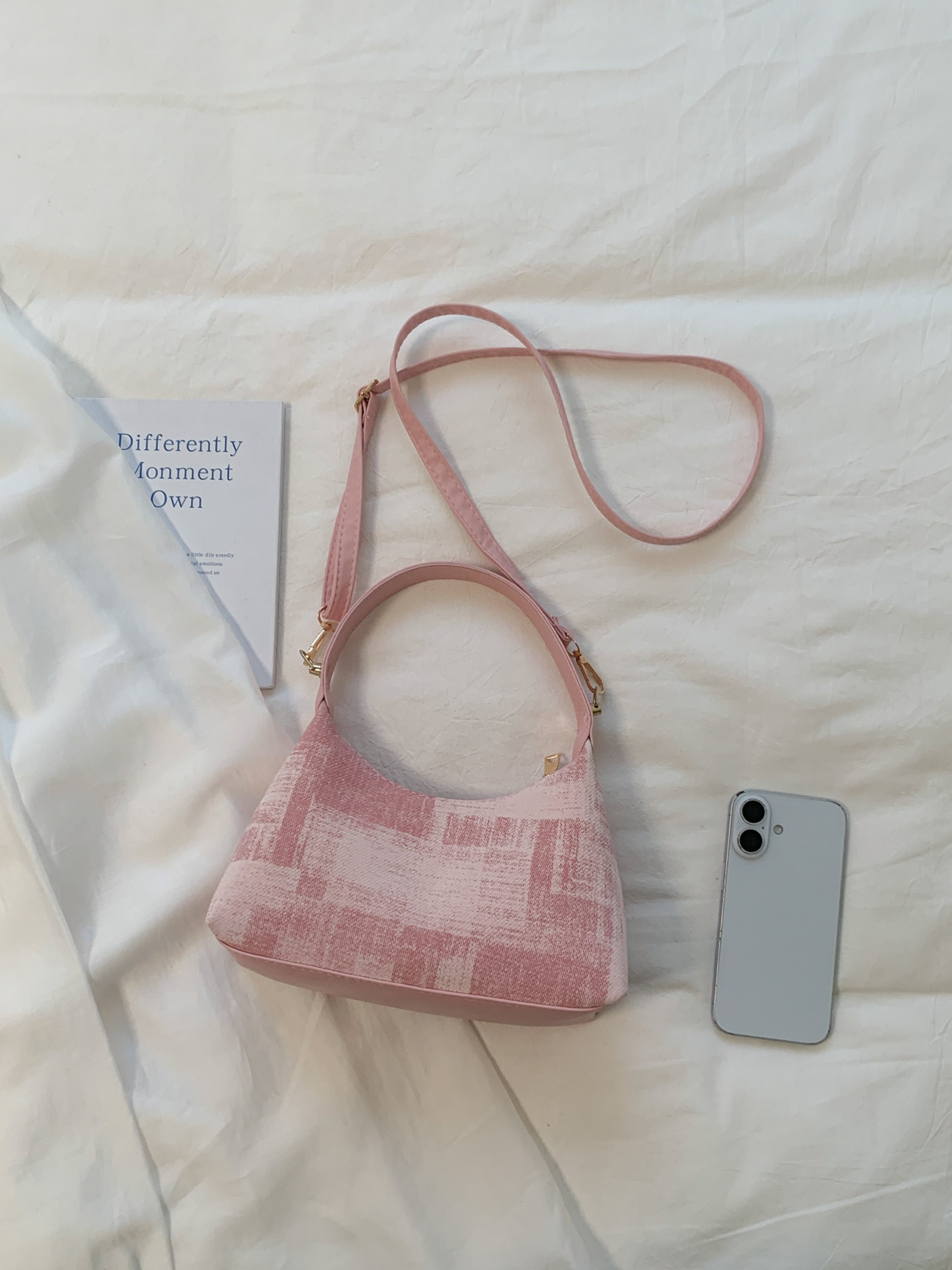 Pink Texture Shoulder Bag with Zip