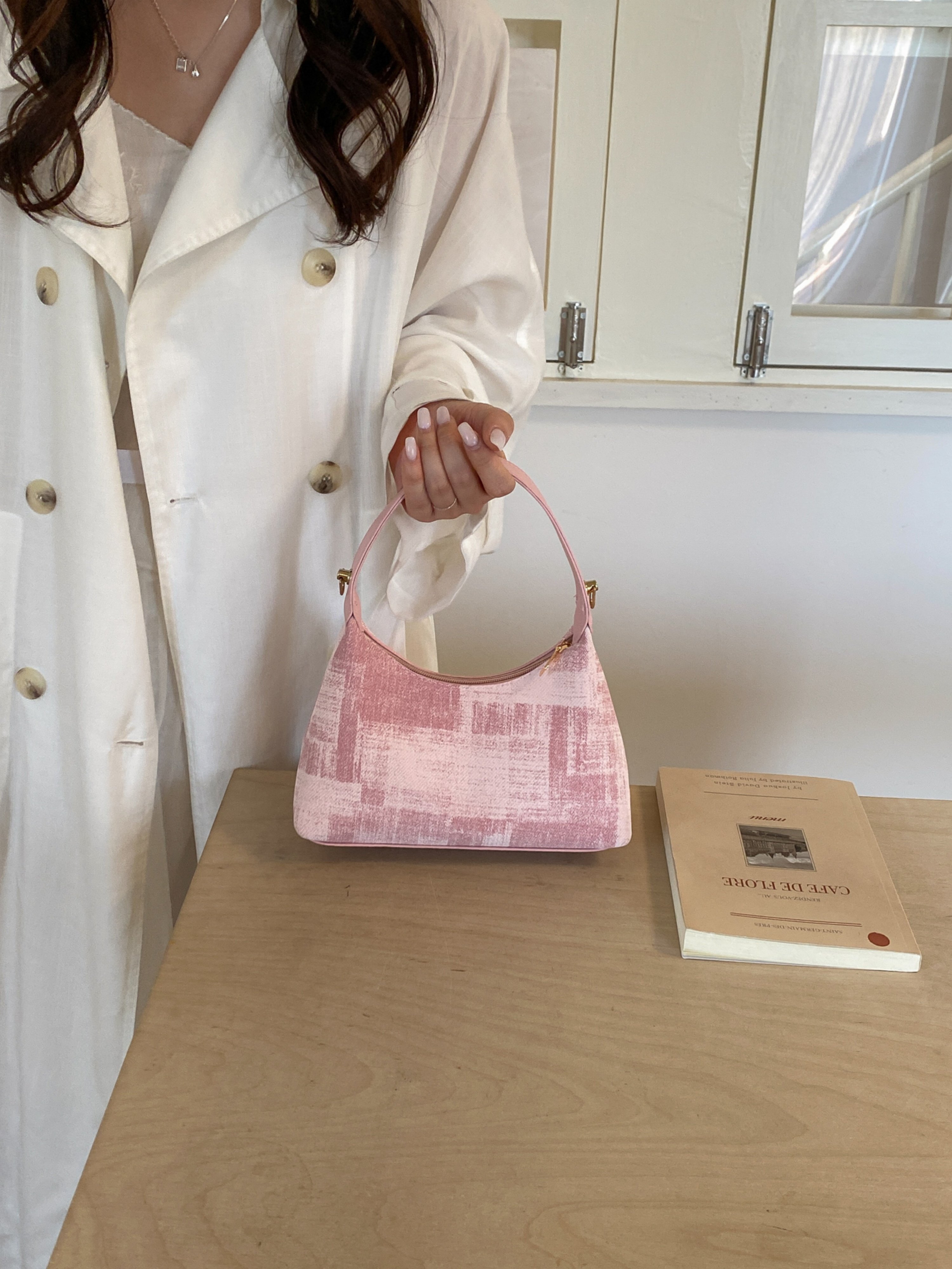 Pink Texture Shoulder Bag with Zip