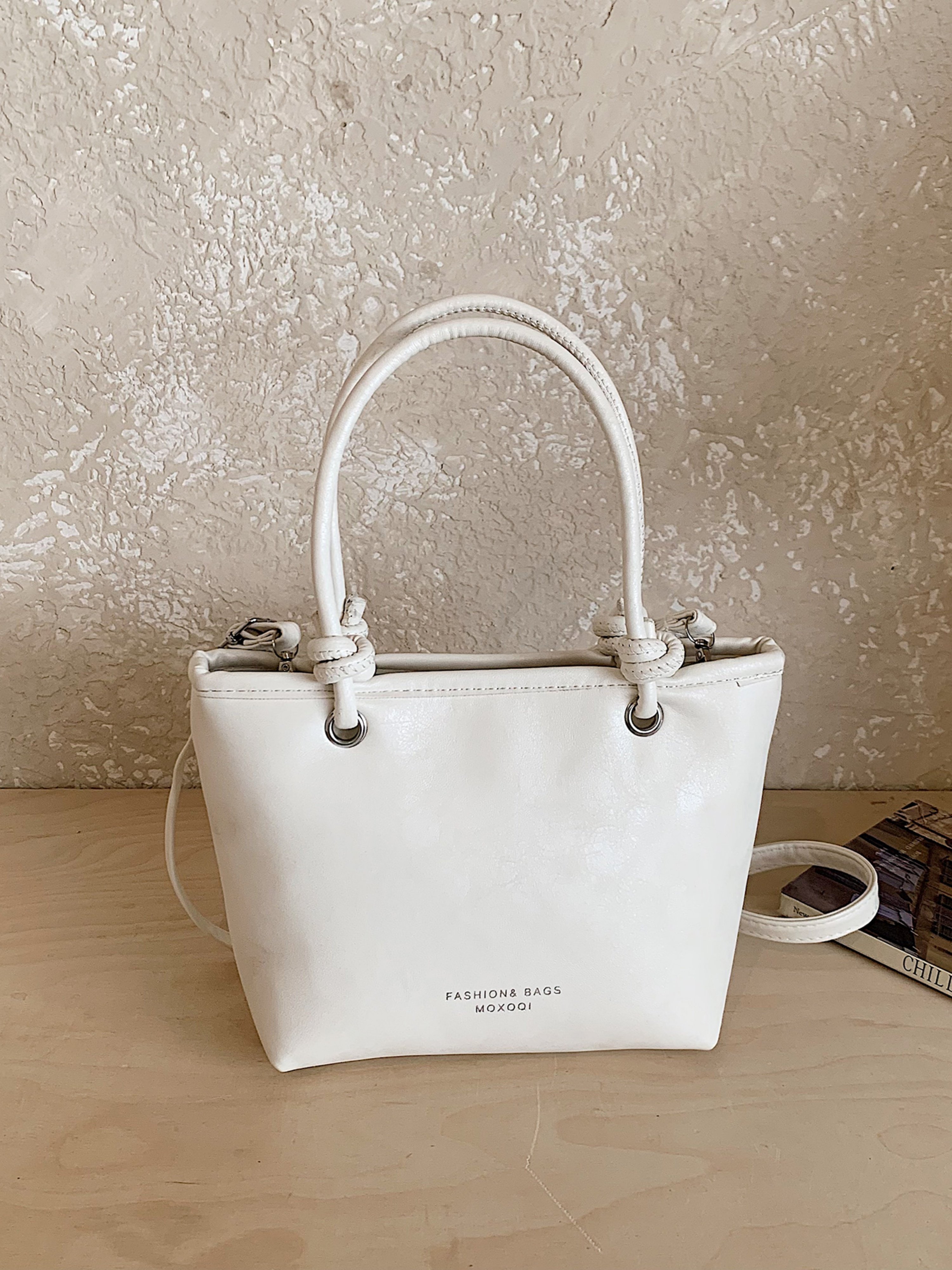 White Solid Handbag with Zip