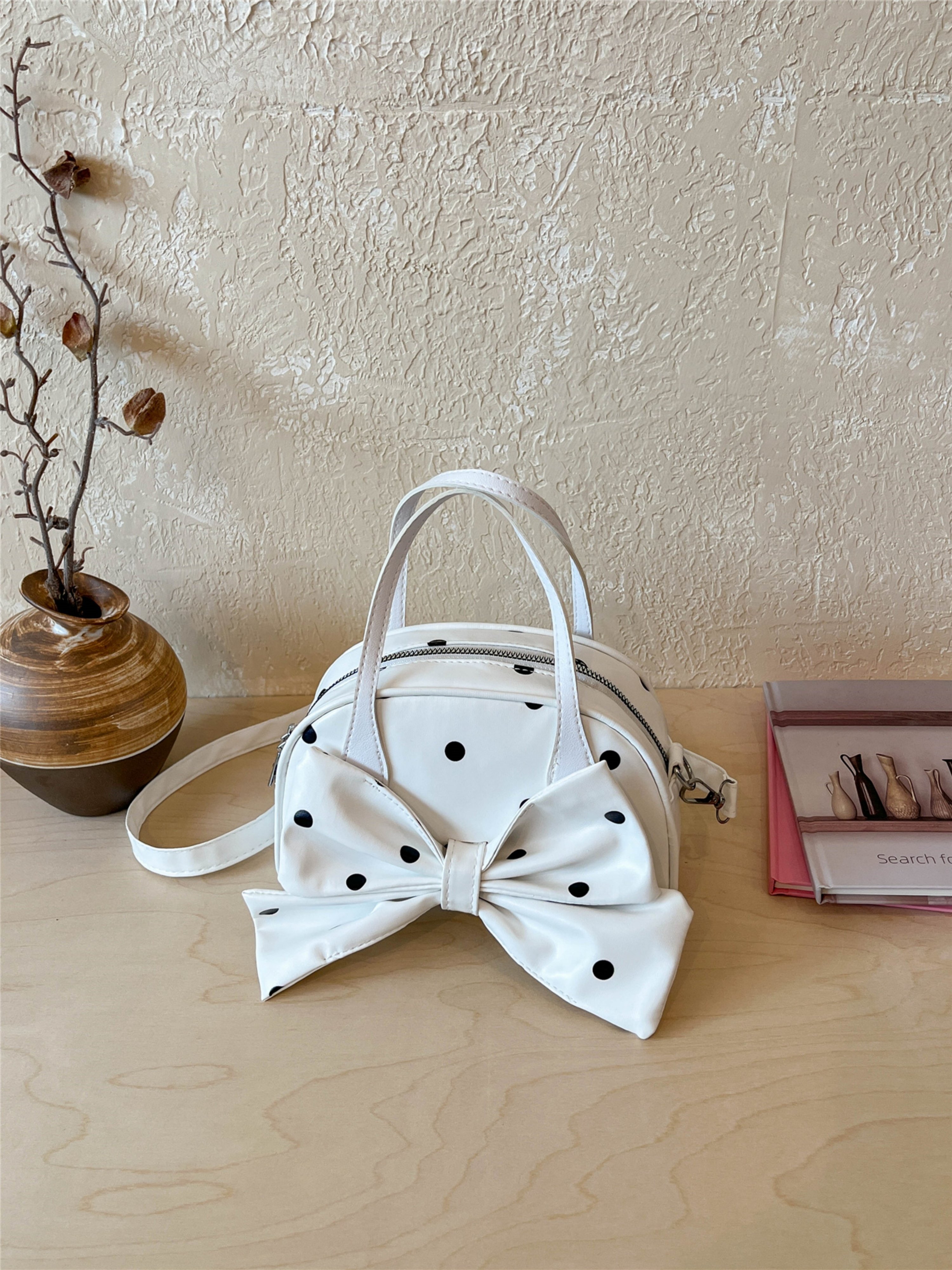 White Printed Handbag with Zip