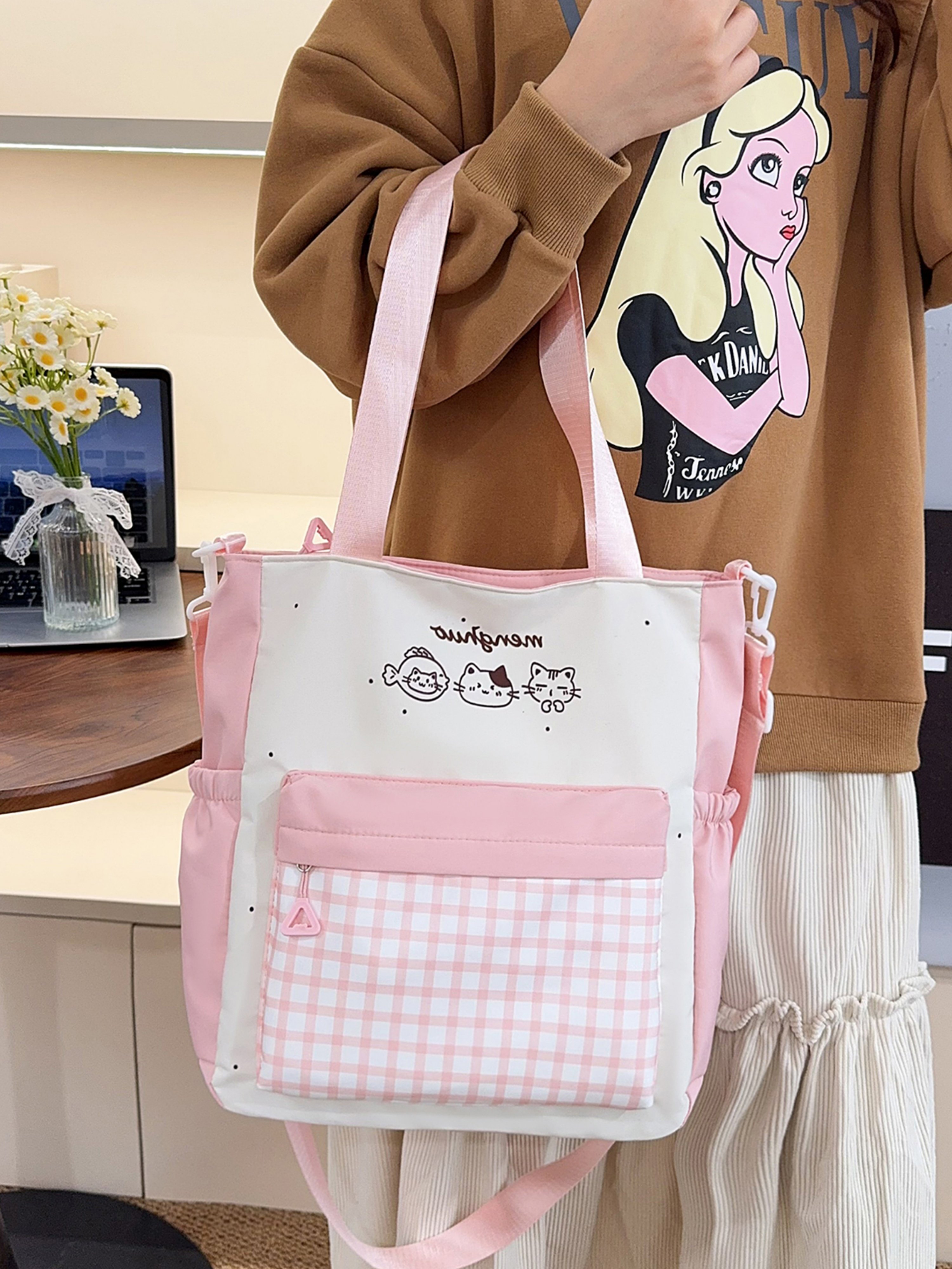 Pink Checked Shoulder Bag with Zip