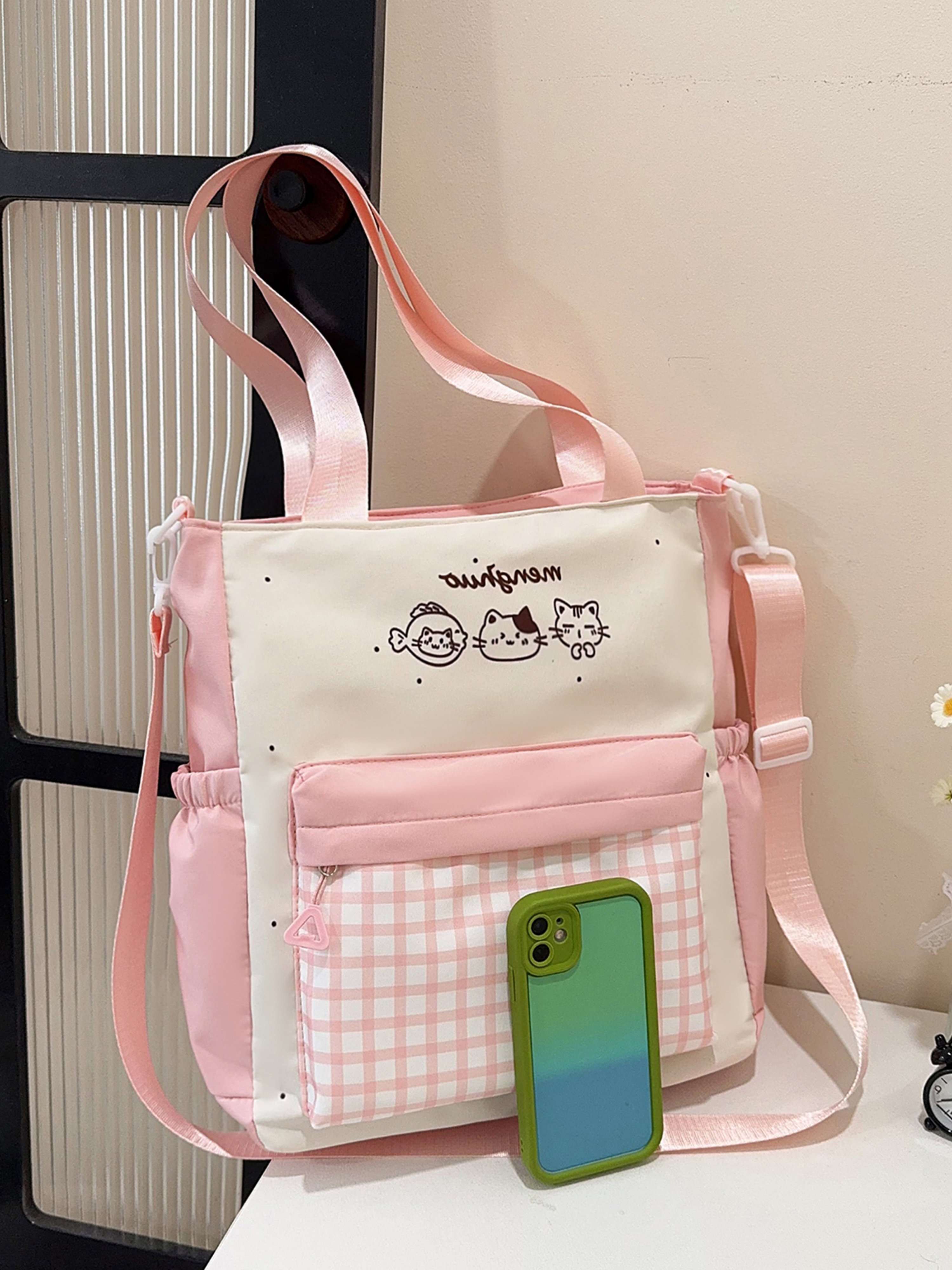 Pink Checked Shoulder Bag with Zip