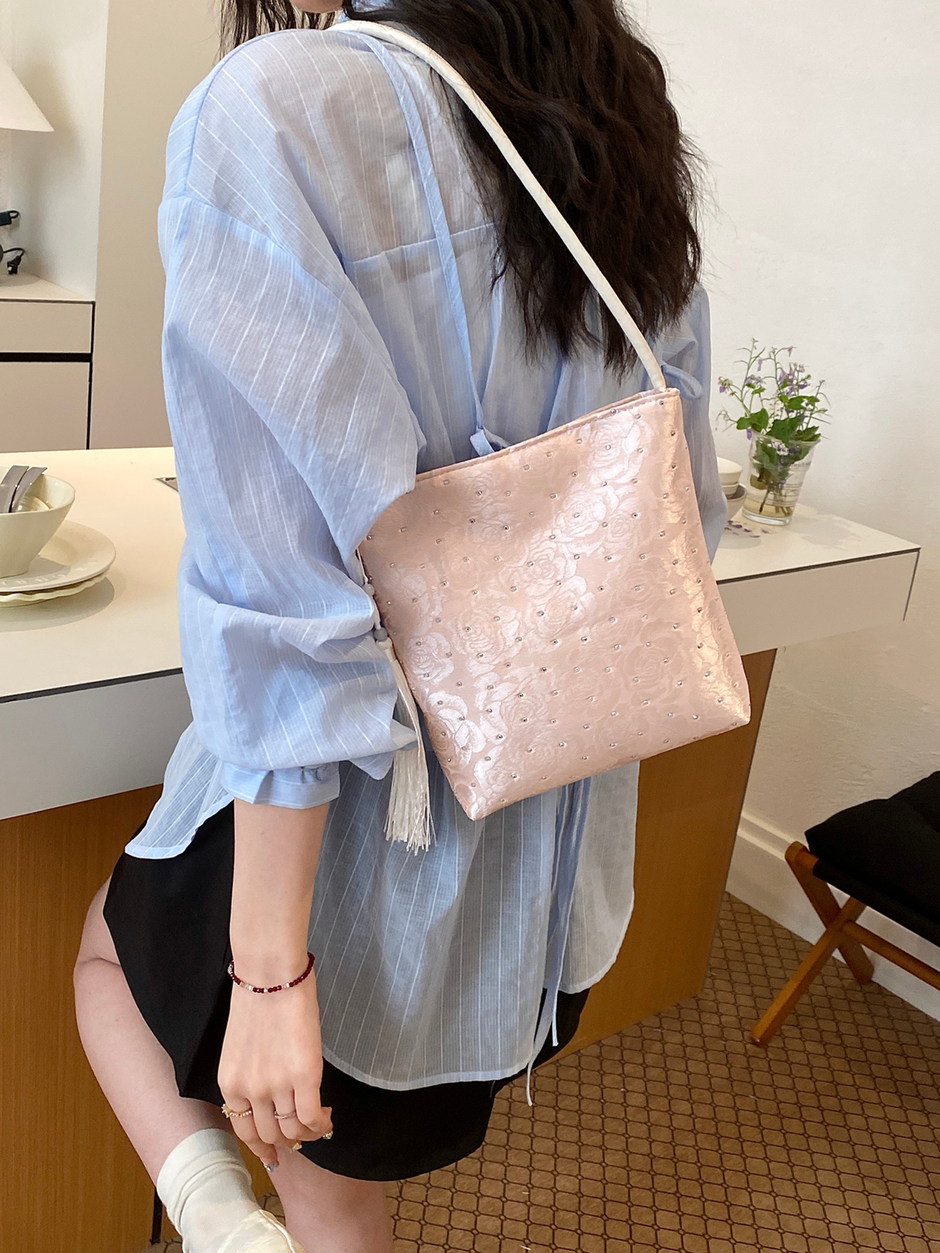 Pink Embroidered Shoulder Bag with Zip