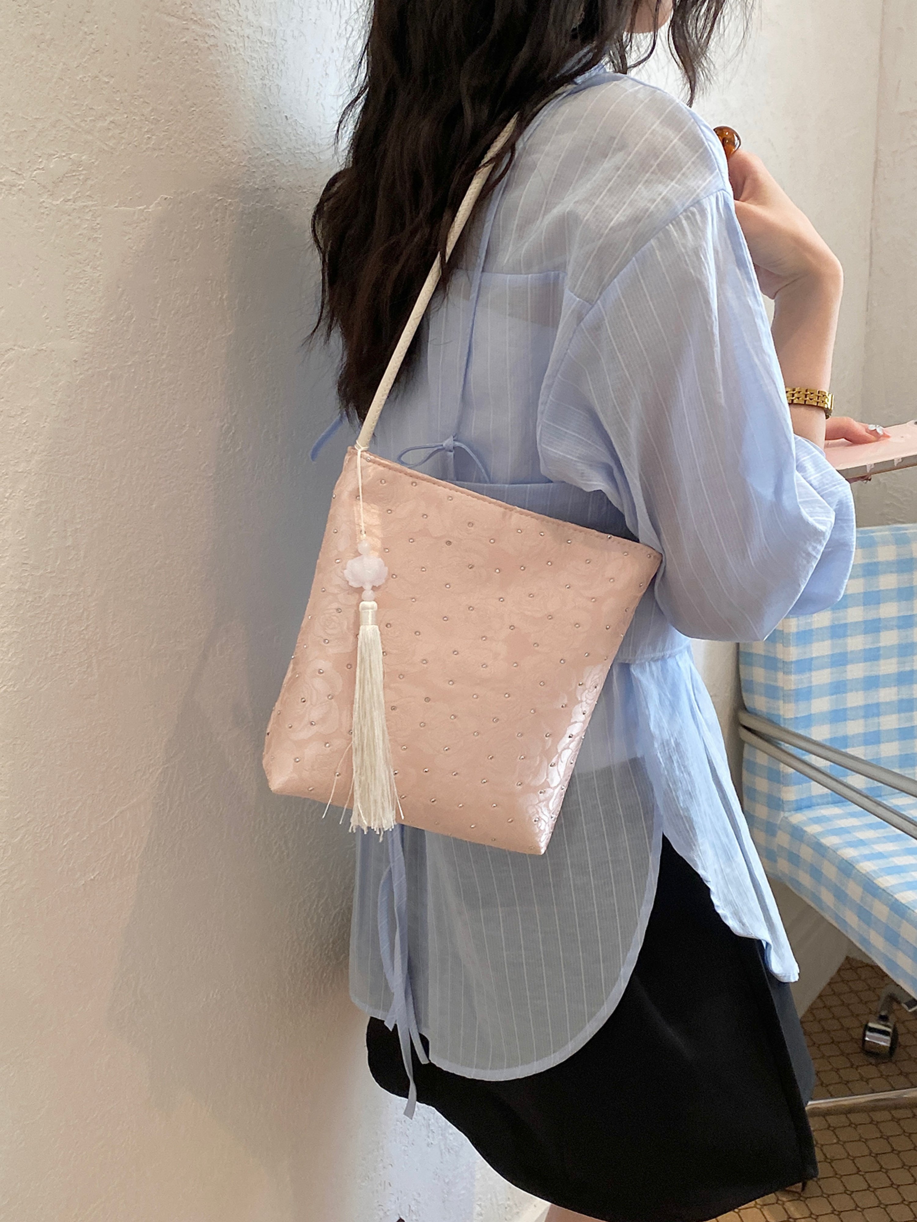 Pink Embroidered Shoulder Bag with Zip