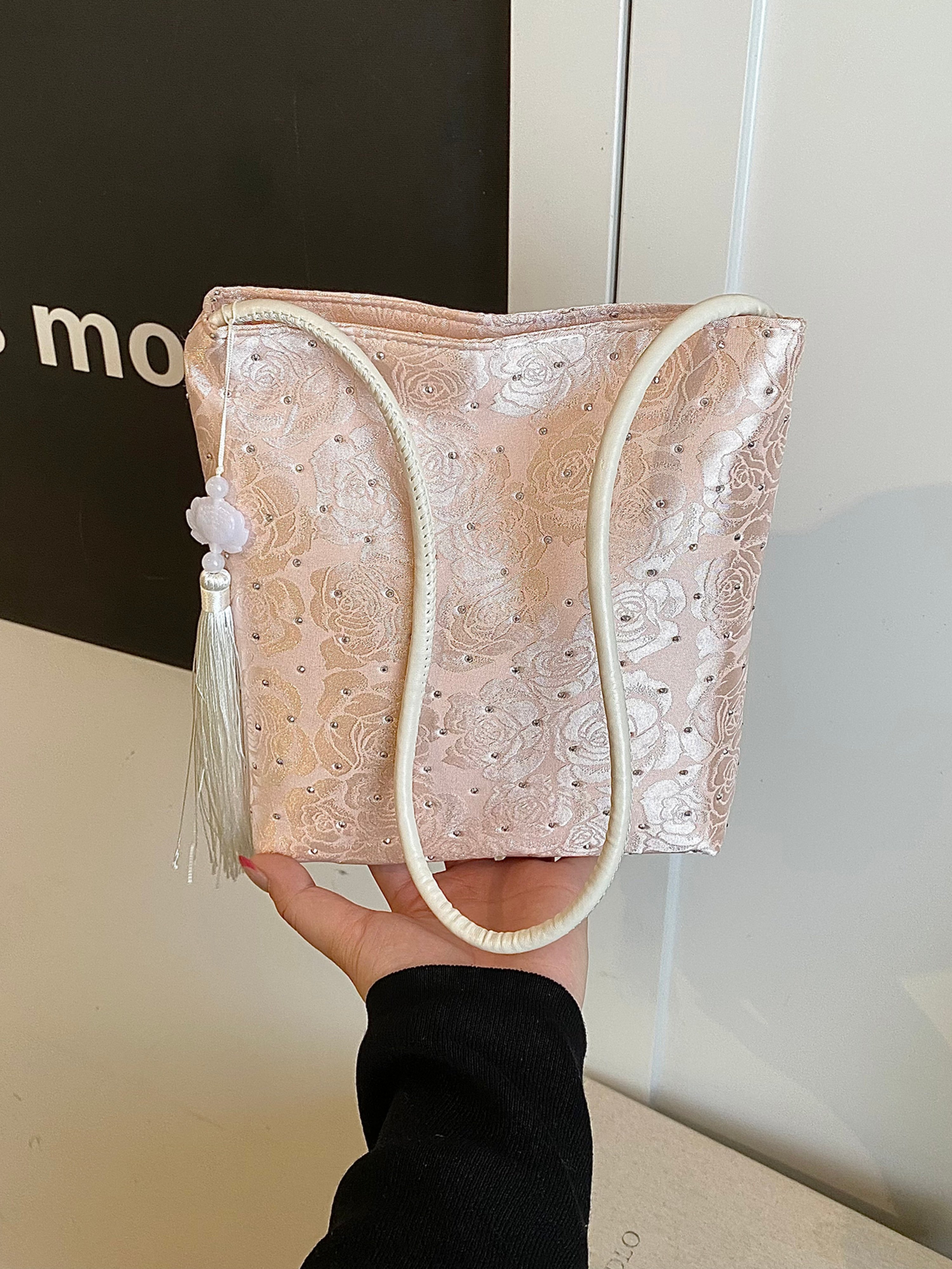 Pink Embroidered Shoulder Bag with Zip