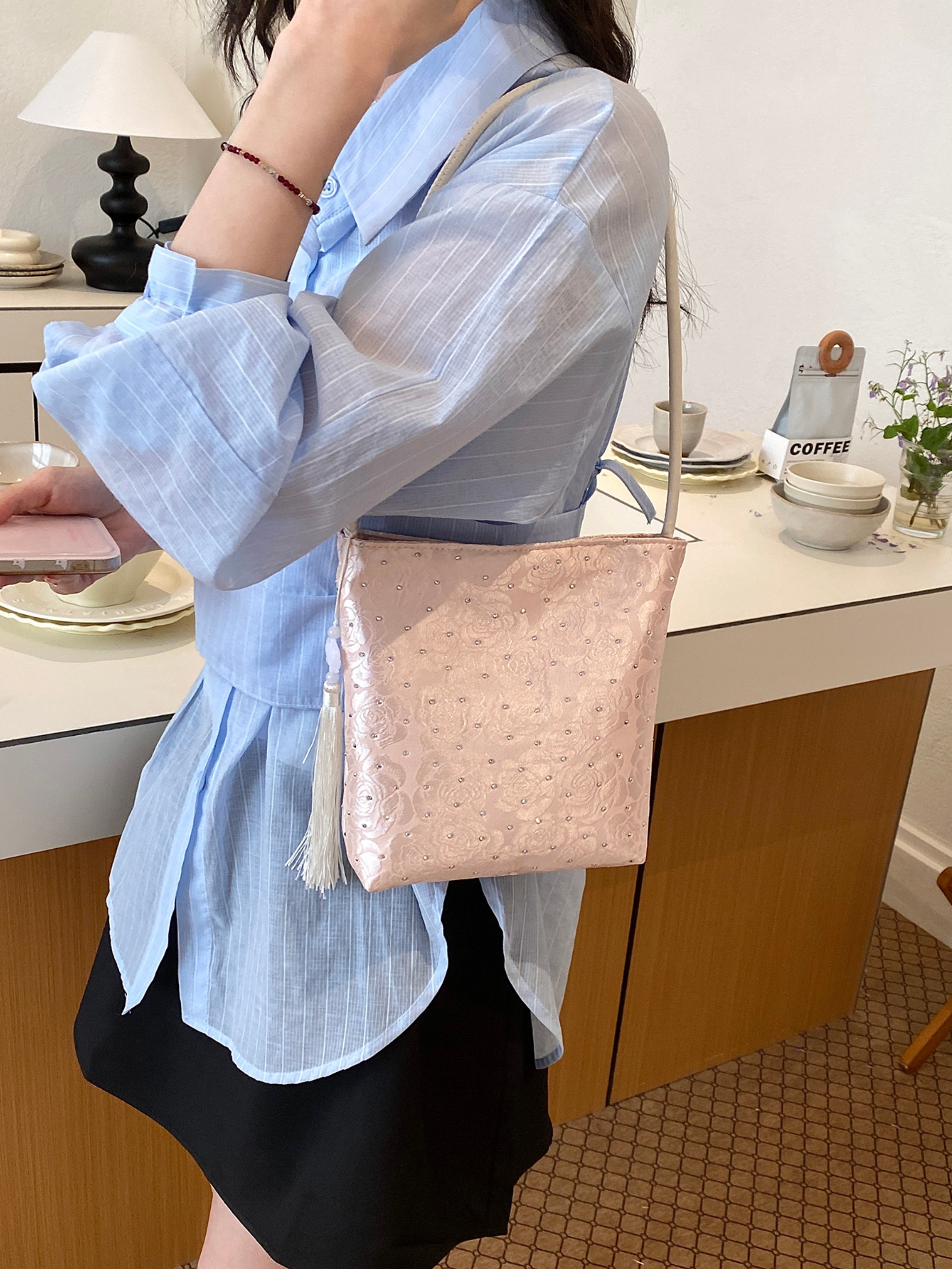 Pink Embroidered Shoulder Bag with Zip