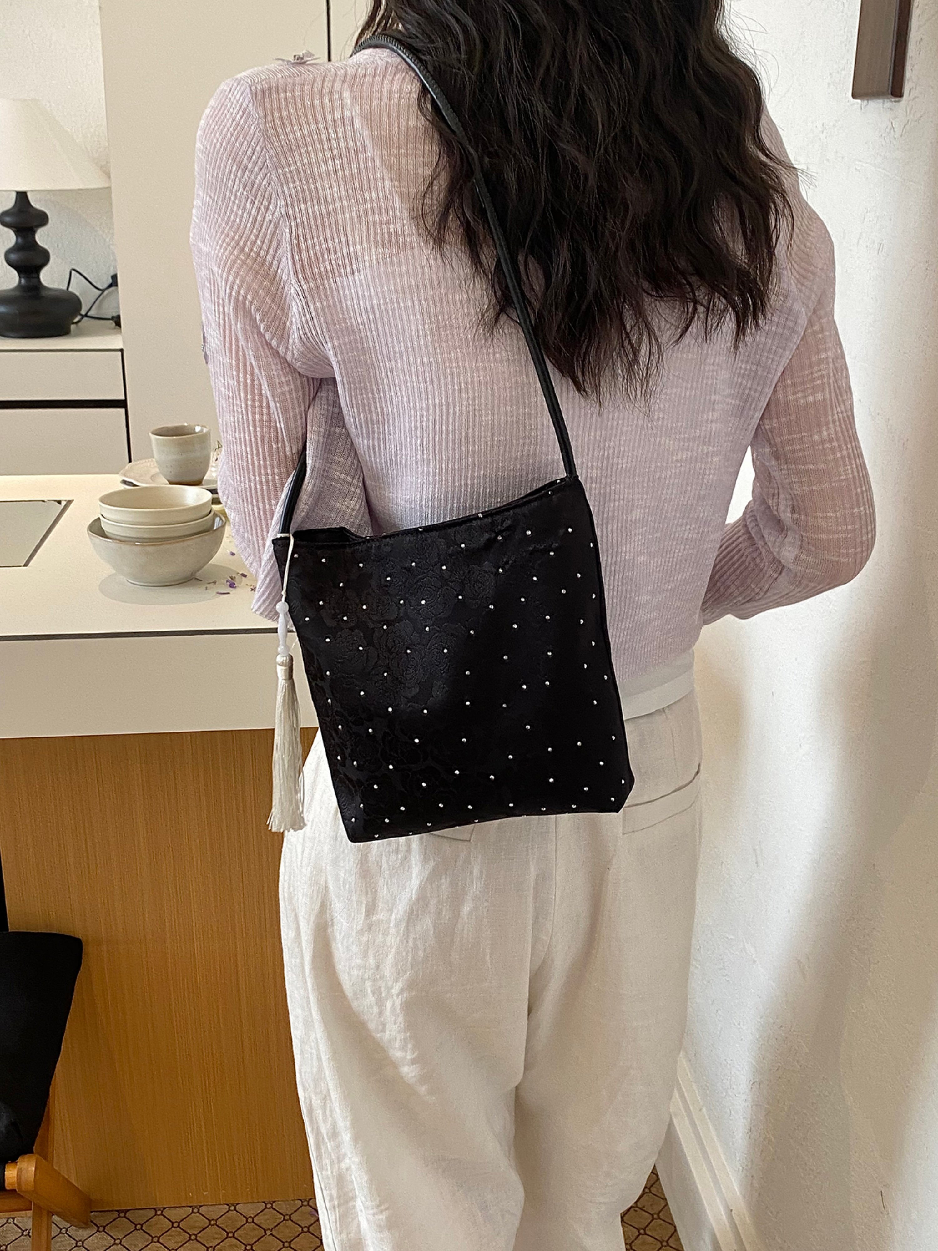 Black Embroidered Shoulder Bag with Zip