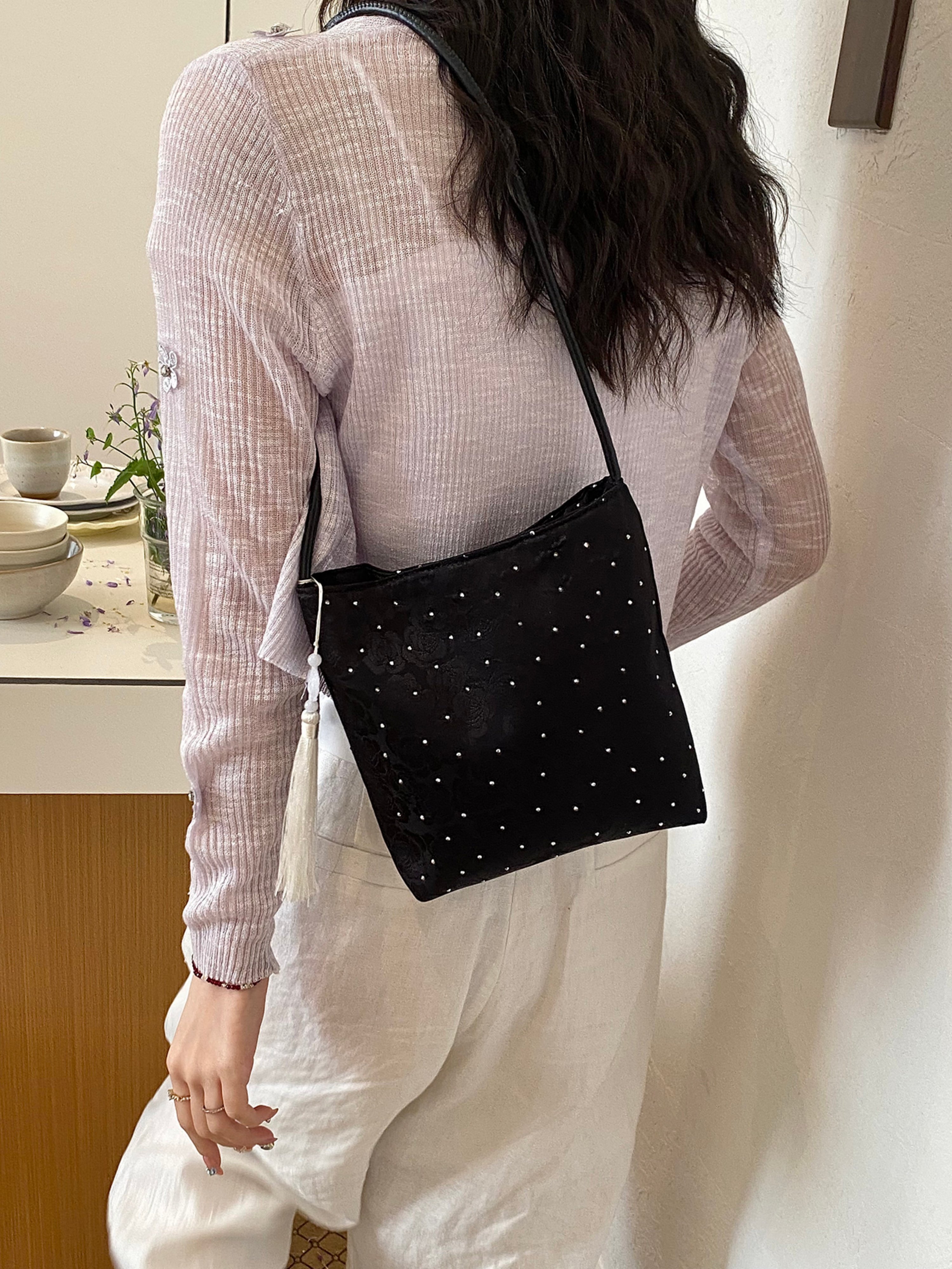 Black Embroidered Shoulder Bag with Zip