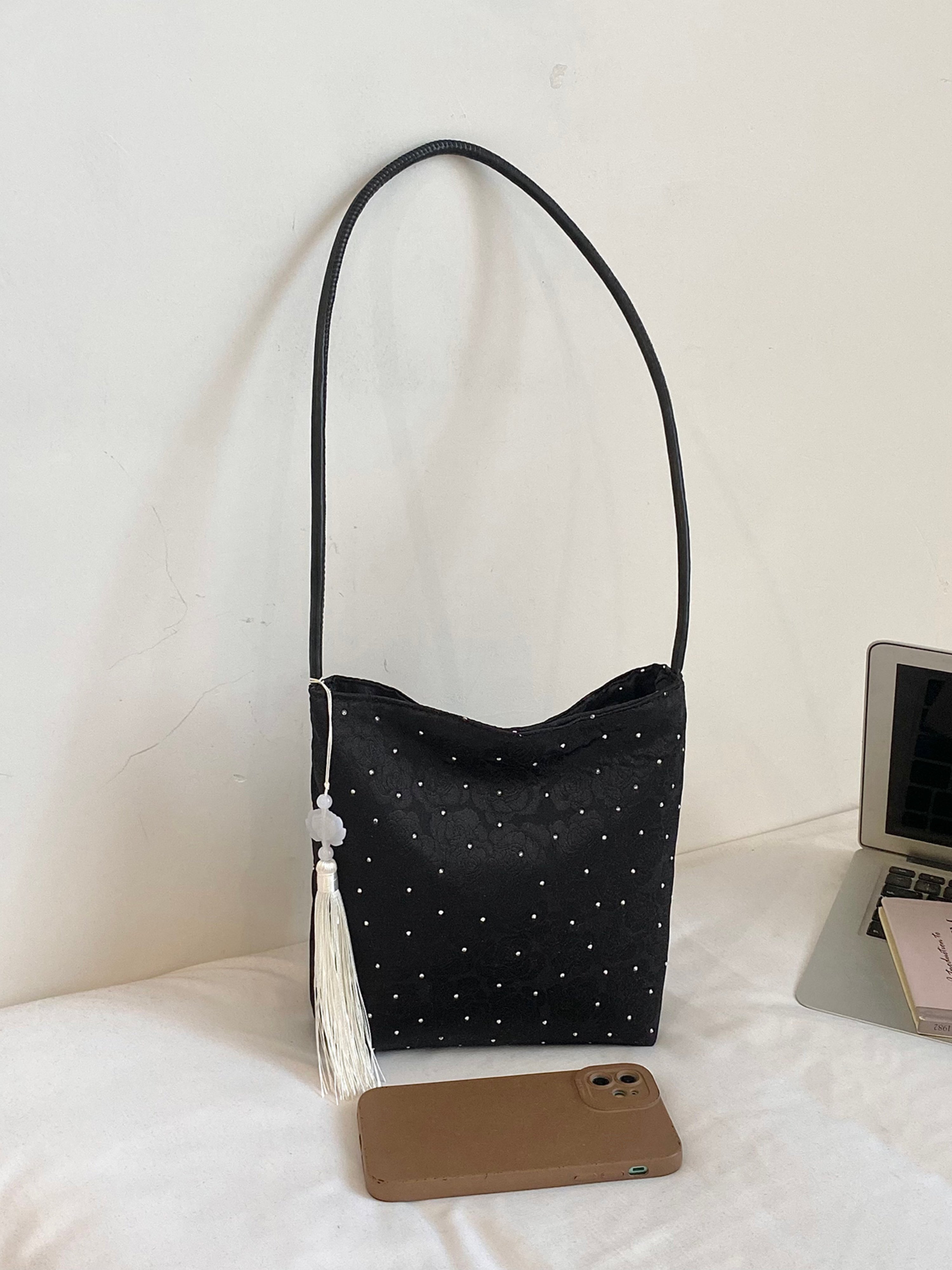 Black Embroidered Shoulder Bag with Zip