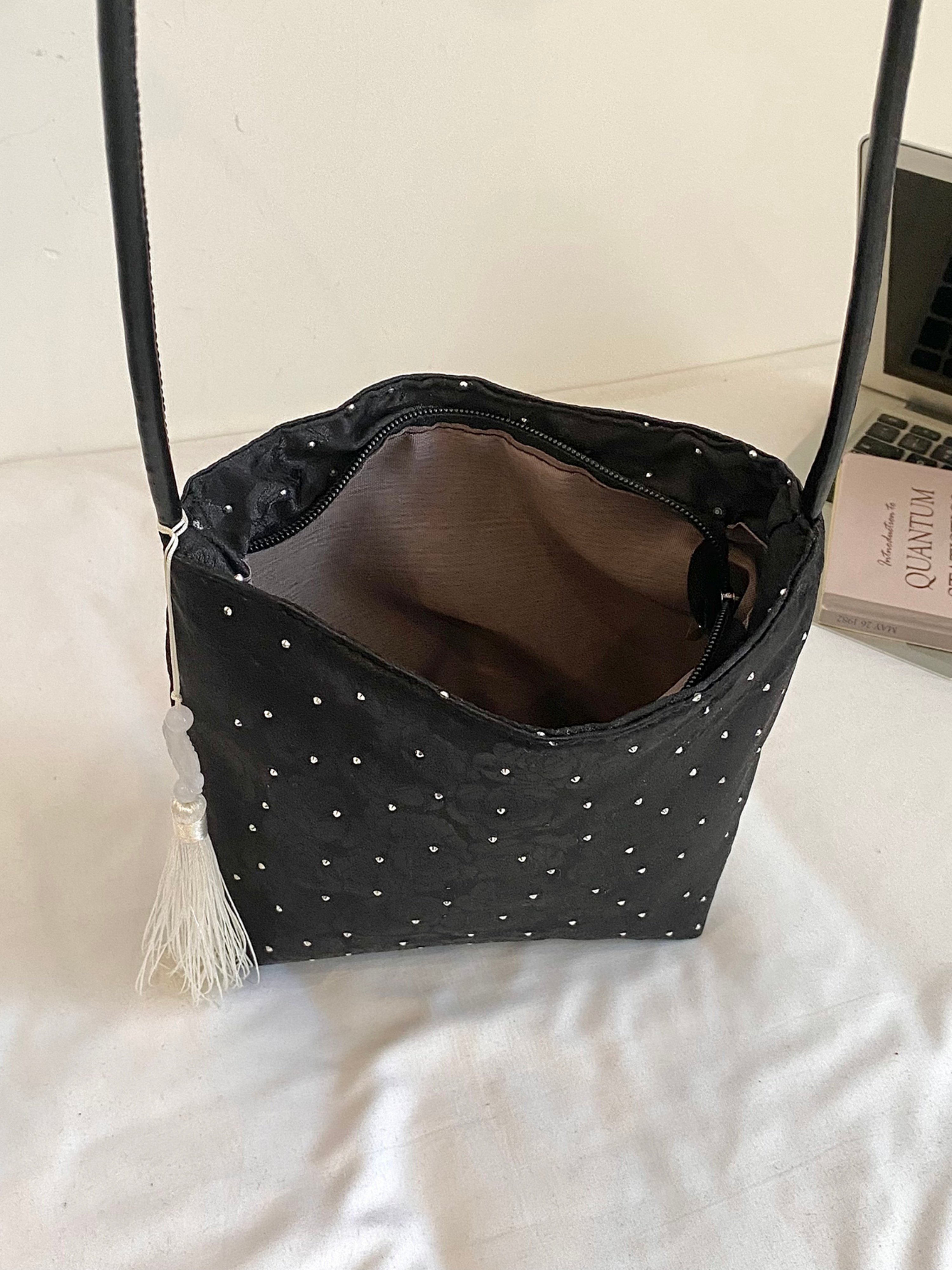 Black Embroidered Shoulder Bag with Zip