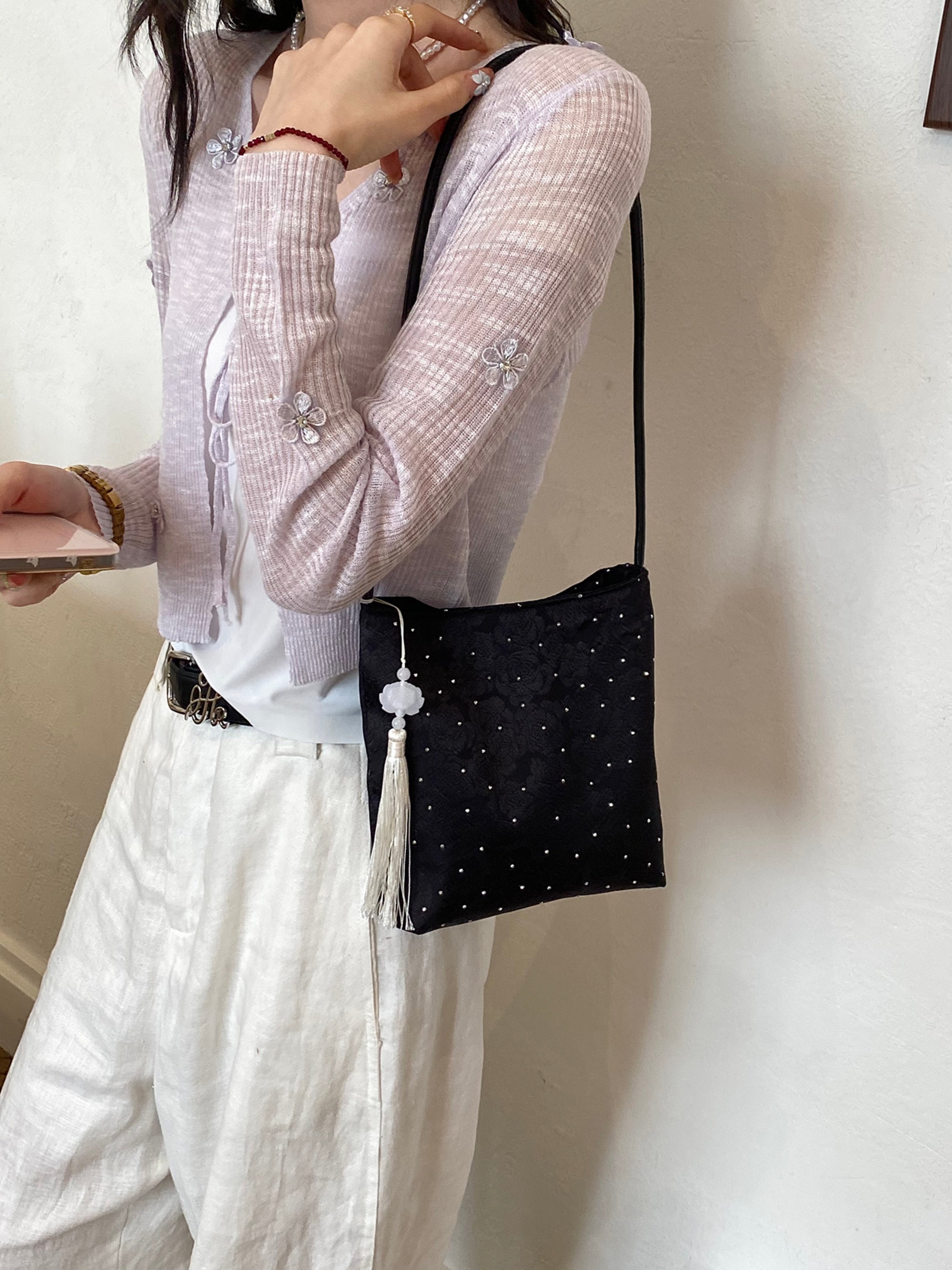 Black Embroidered Shoulder Bag with Zip