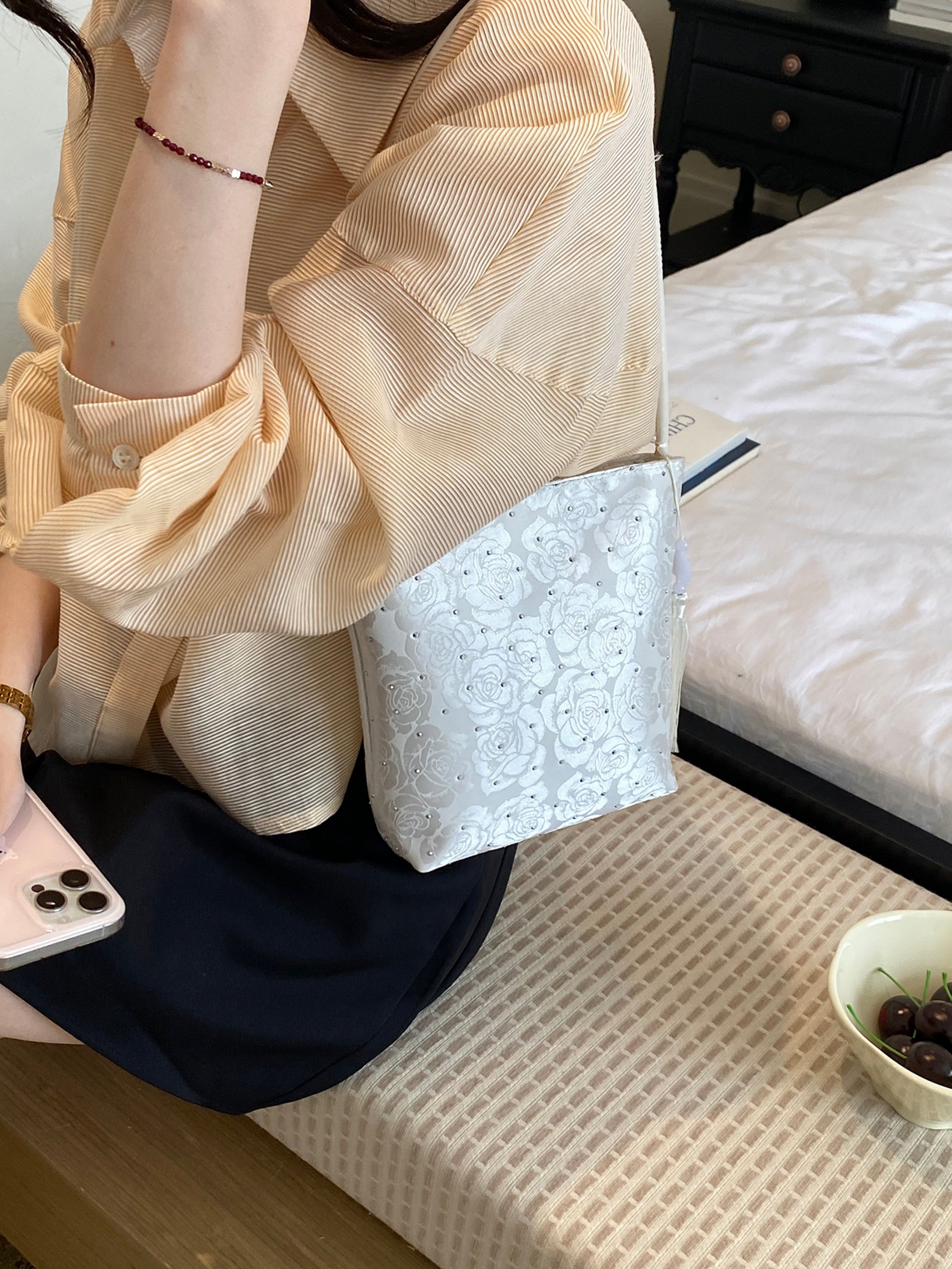 White Embroidered Shoulder Bag with Zip