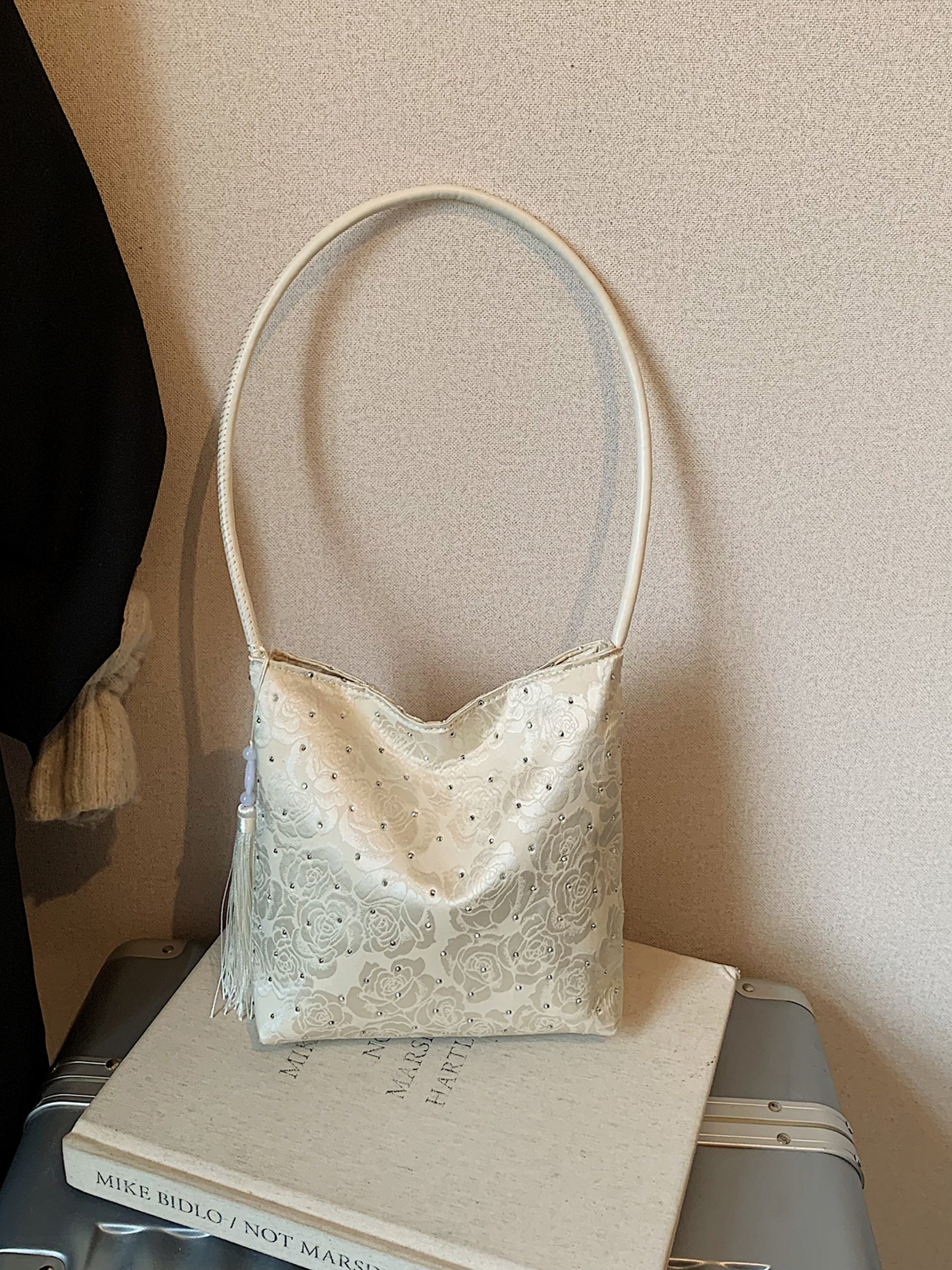 White Embroidered Shoulder Bag with Zip