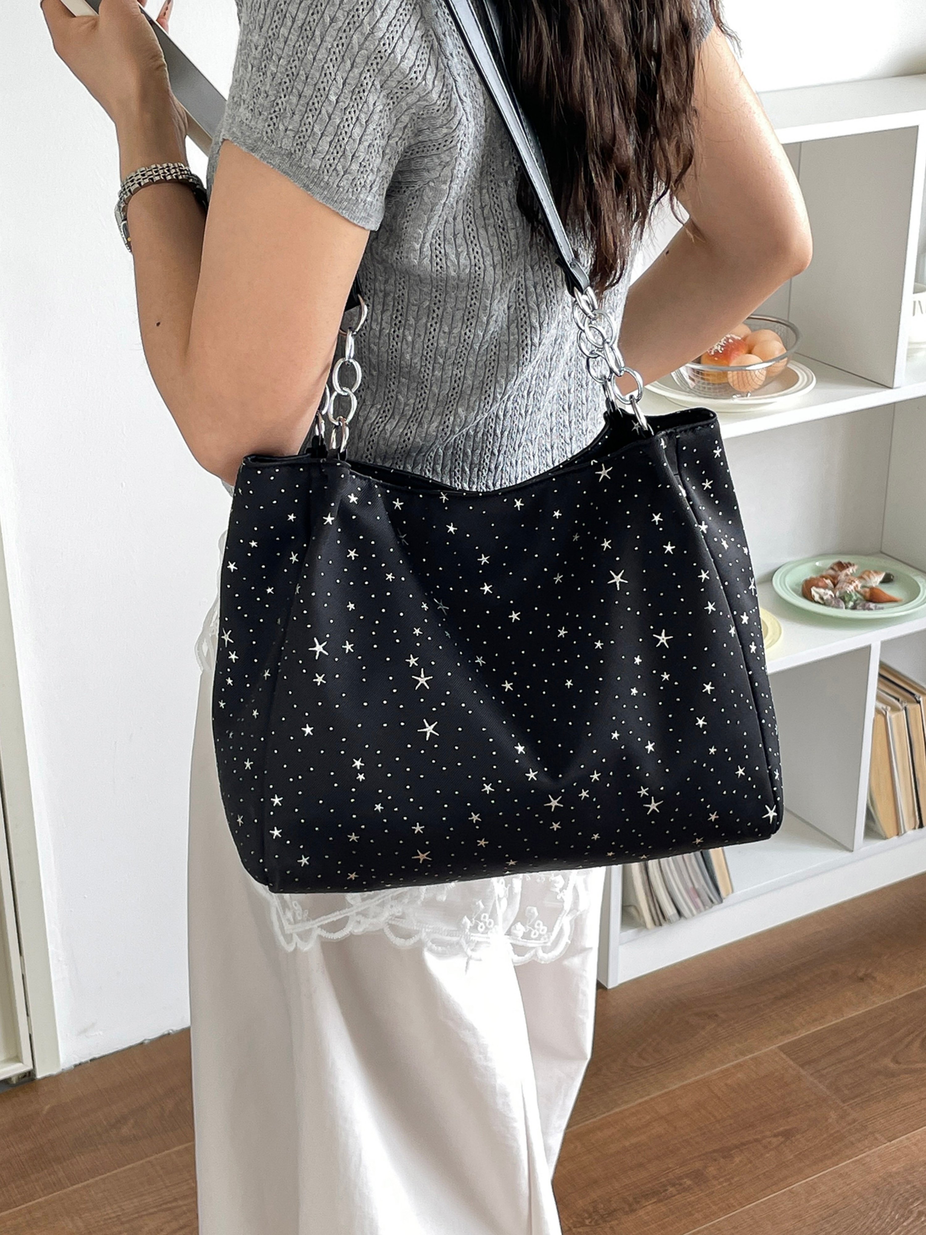 Black Printed Shoulder Bag with Zip