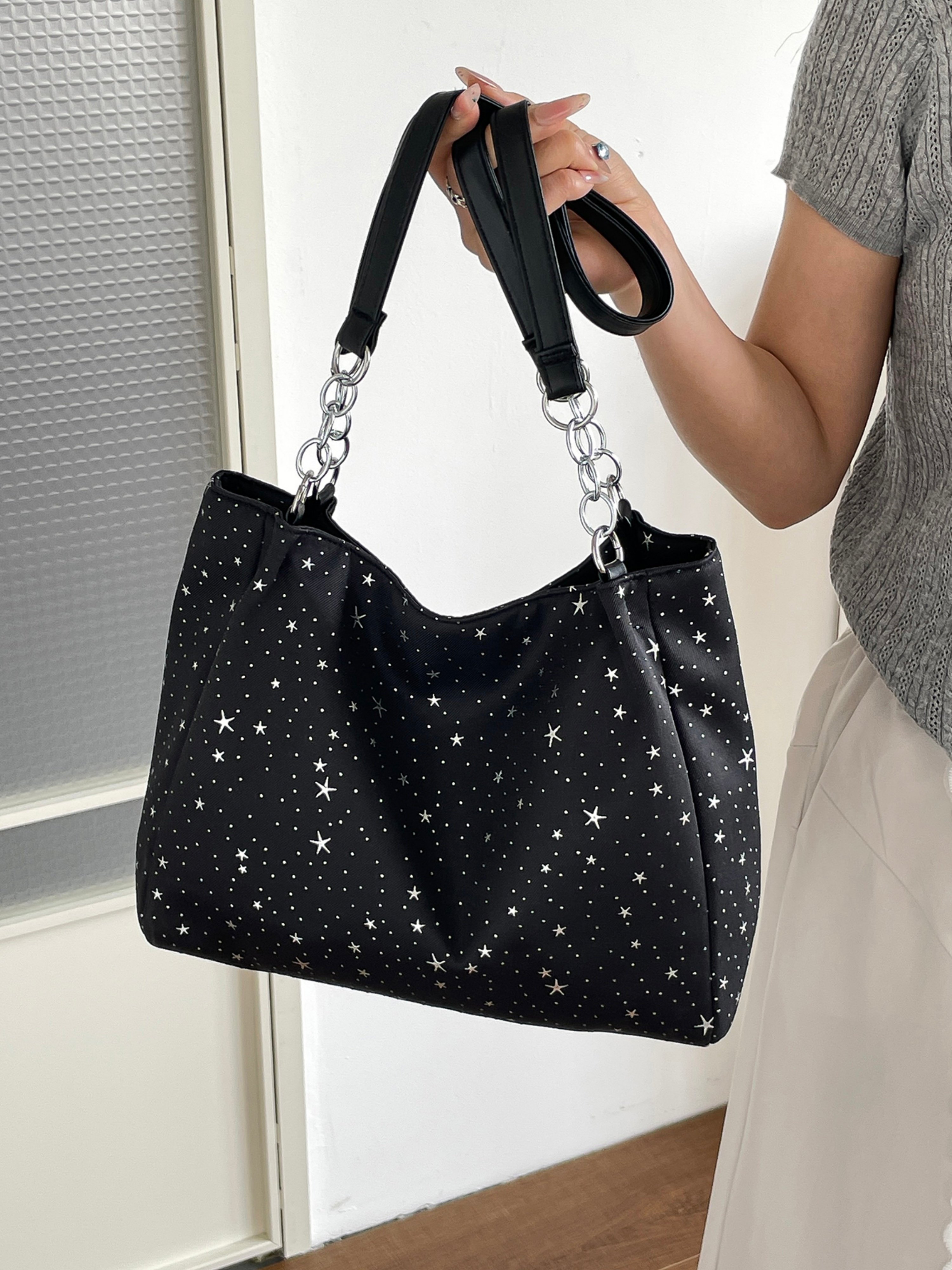 Black Printed Shoulder Bag with Zip