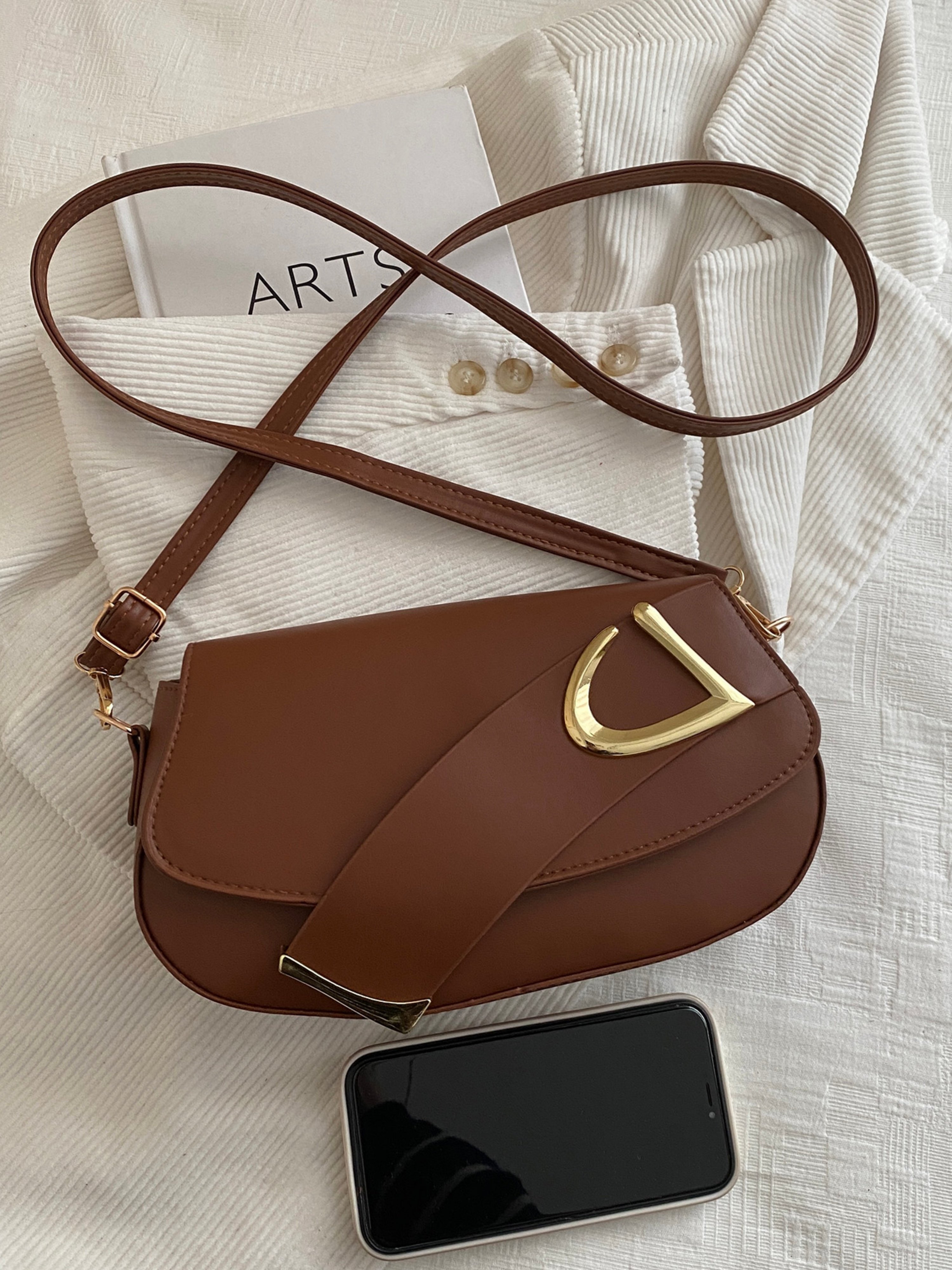 Brown Solid Shoulder Bag with Magnetic
