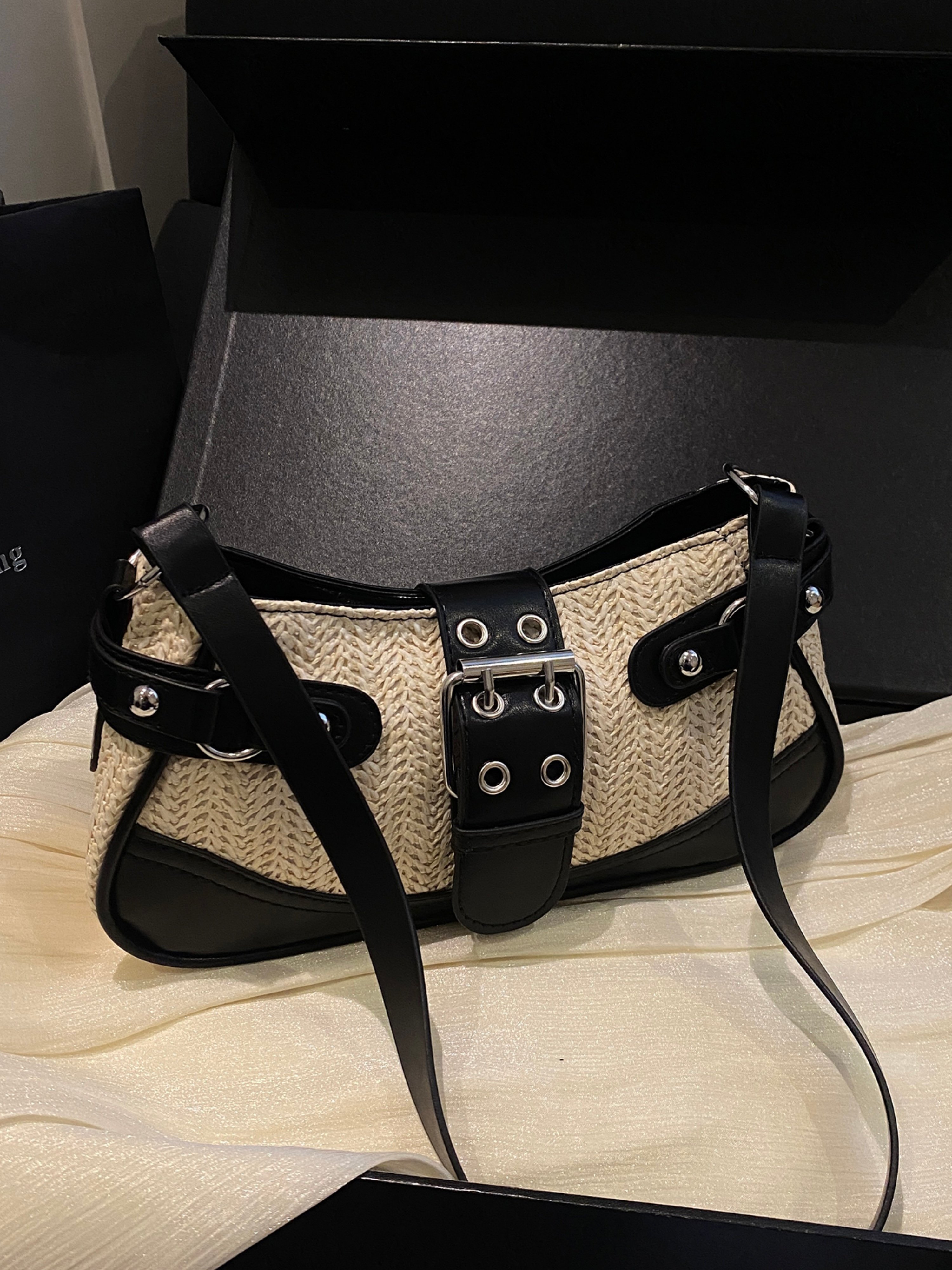 Black Texture Shoulder Bag with Zip