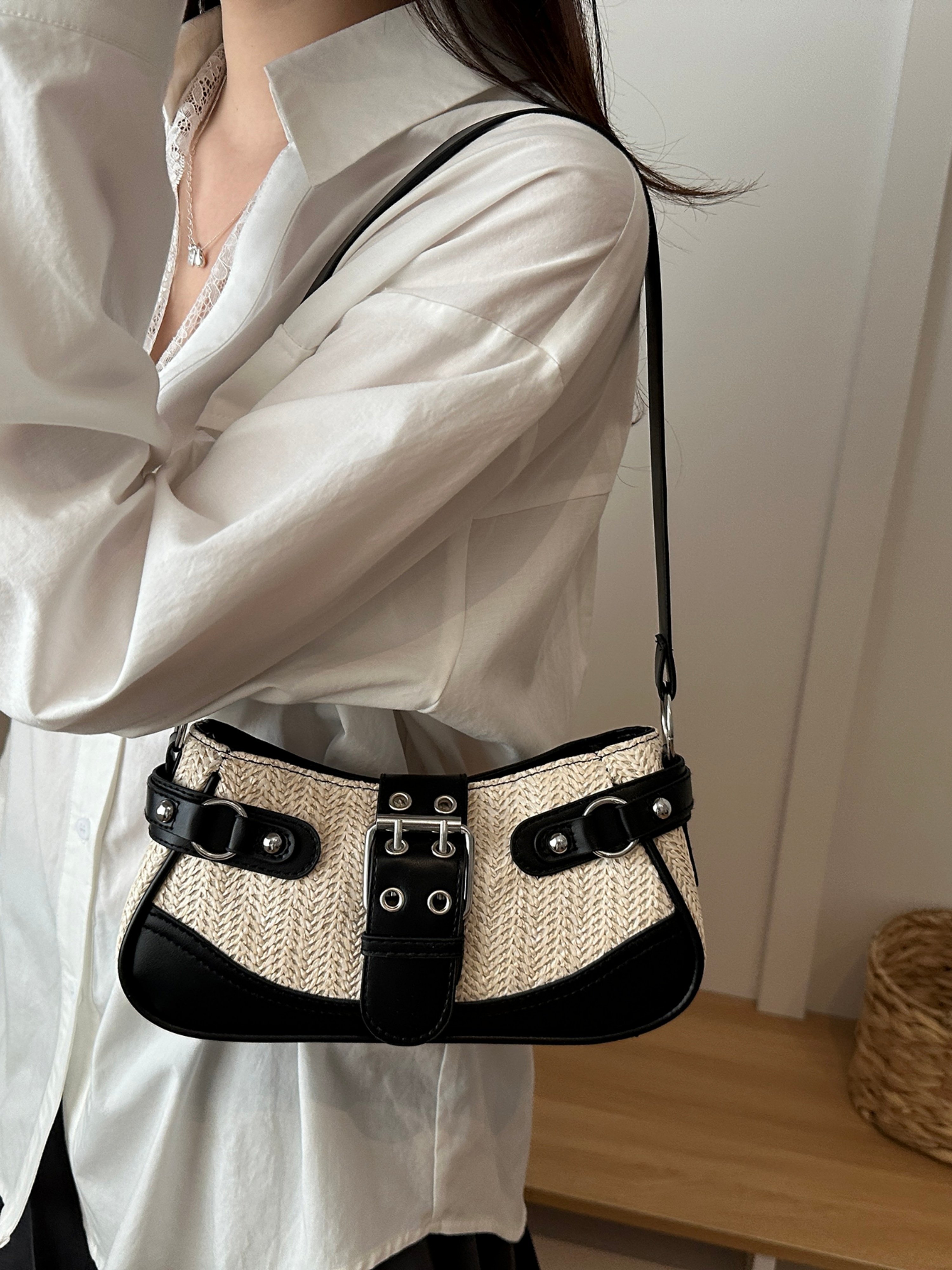 Black Texture Shoulder Bag with Zip