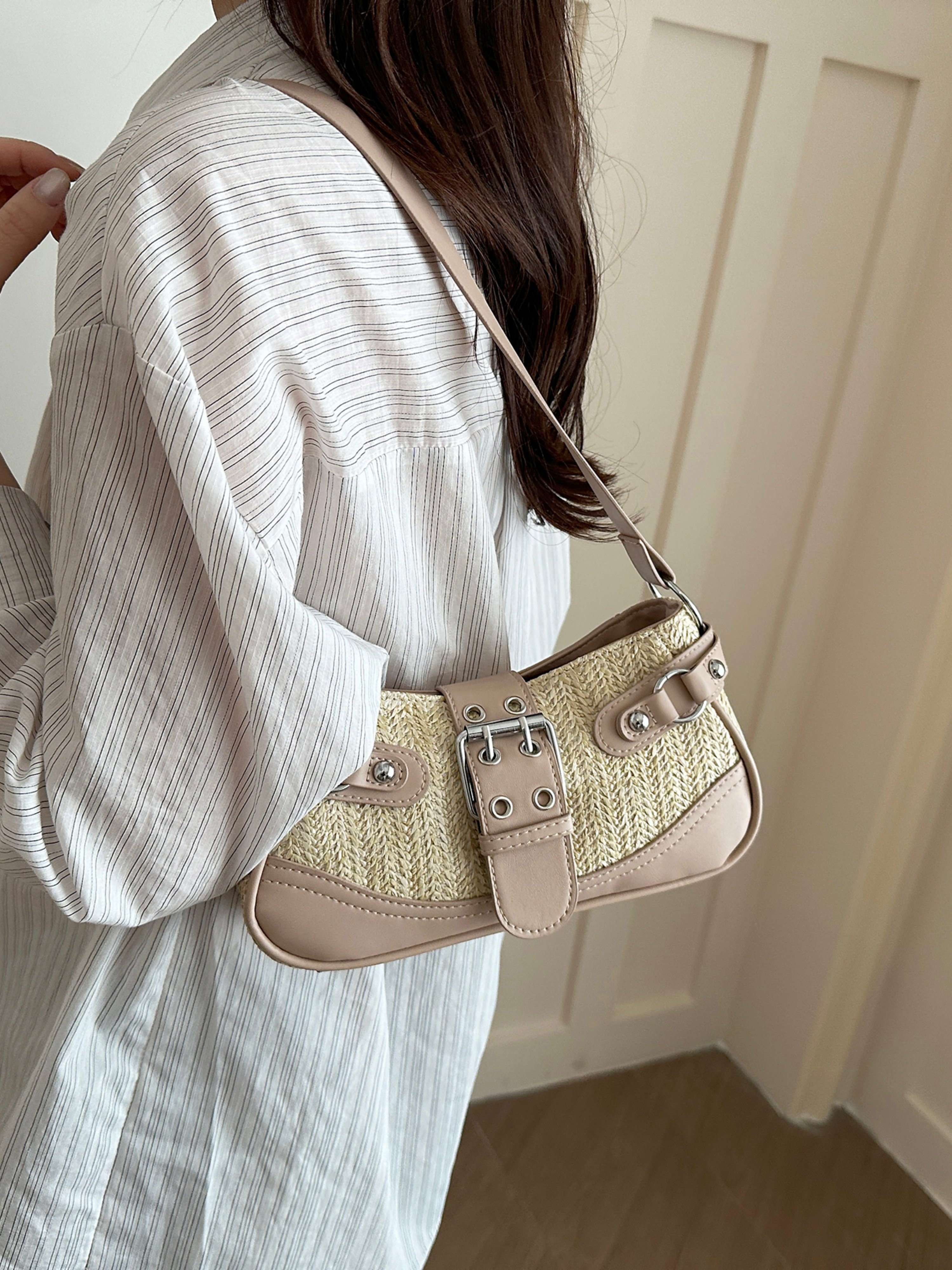 Khaki Texture Shoulder Bag with Zip