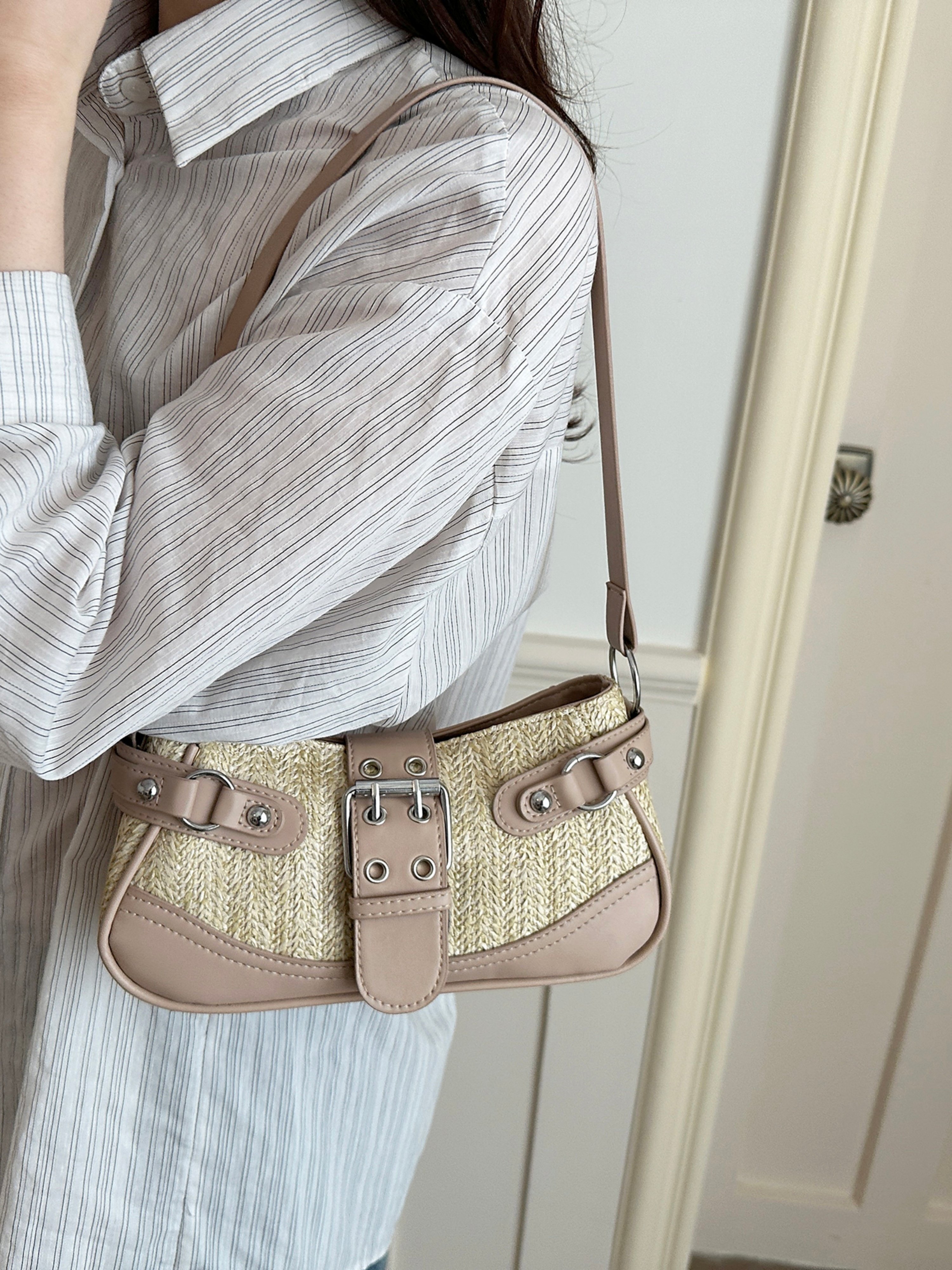 Khaki Texture Shoulder Bag with Zip