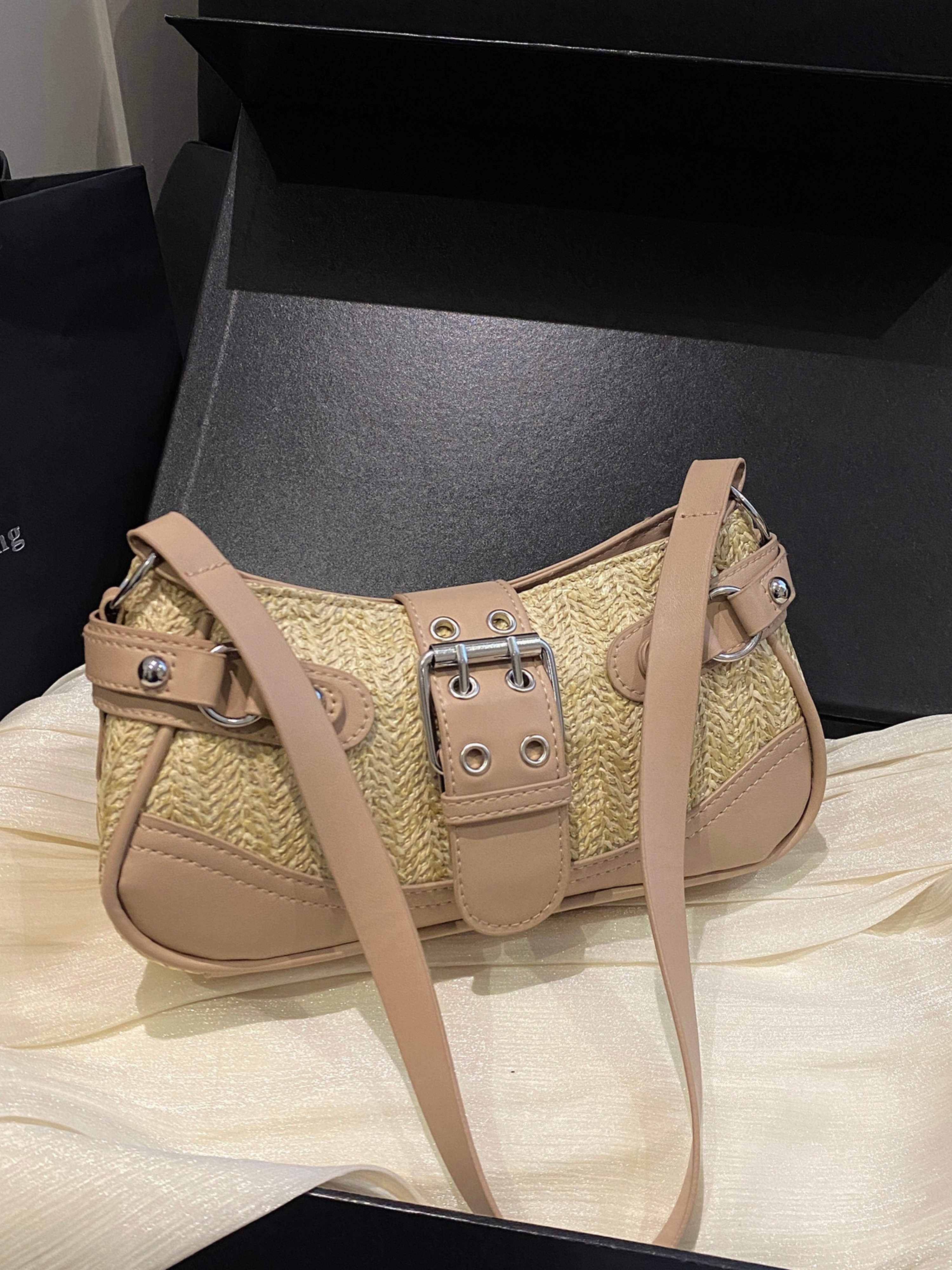 Khaki Texture Shoulder Bag with Zip