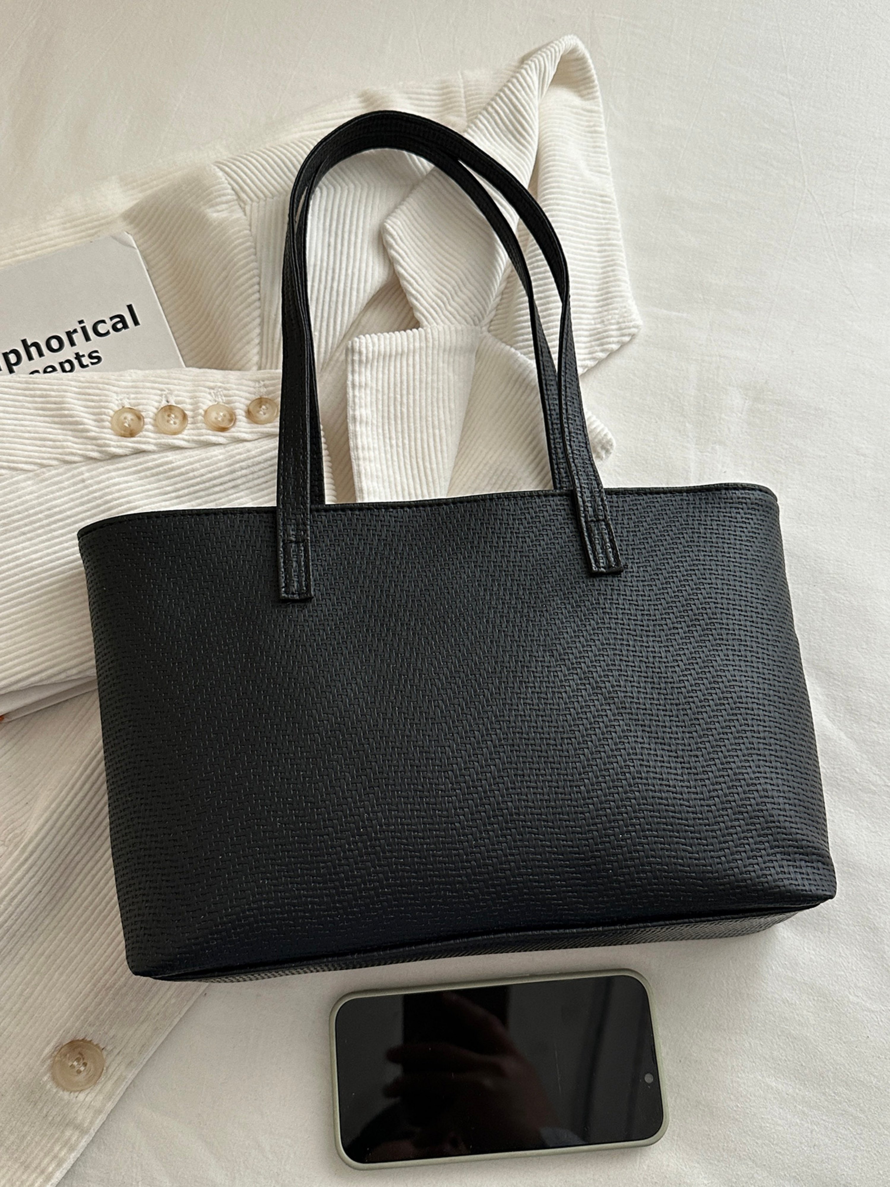 Black Texture Shoulder Bag with Zip