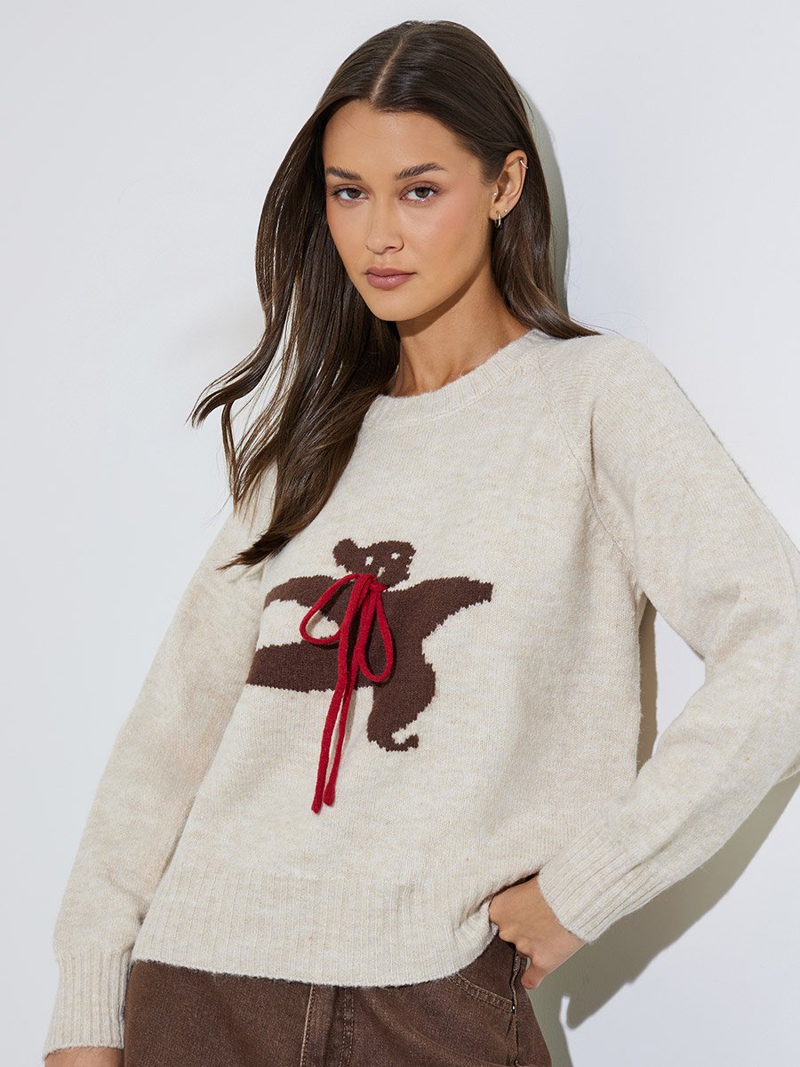 Beige Bear Design Tie-Up Details Jumper