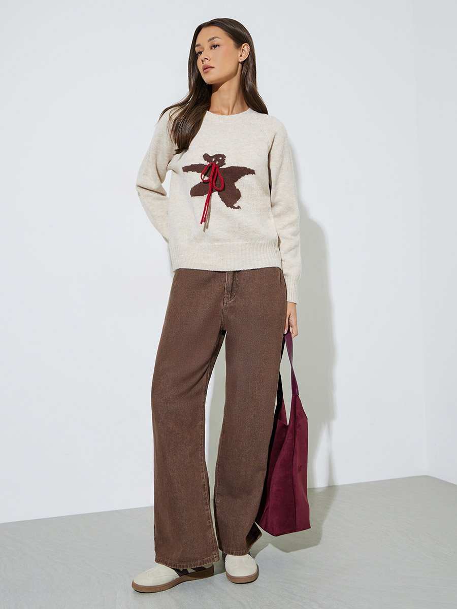 Beige Bear Design Tie-Up Details Jumper