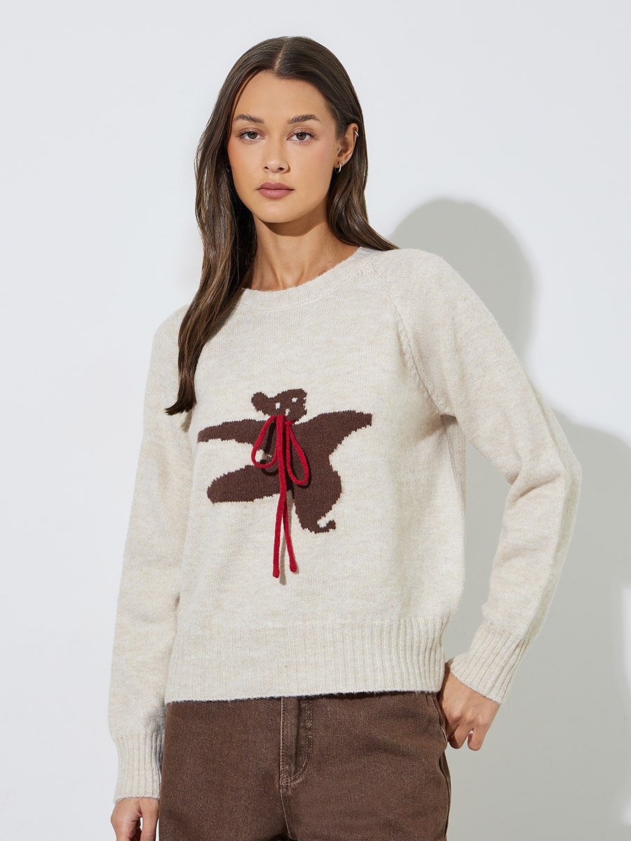Beige Bear Design Tie-Up Details Jumper